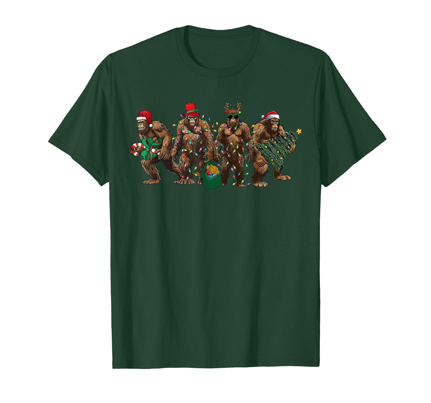 Santa Bigfoot Christmas Tree Xmas Lights Funny Sasquatch T-Shirt