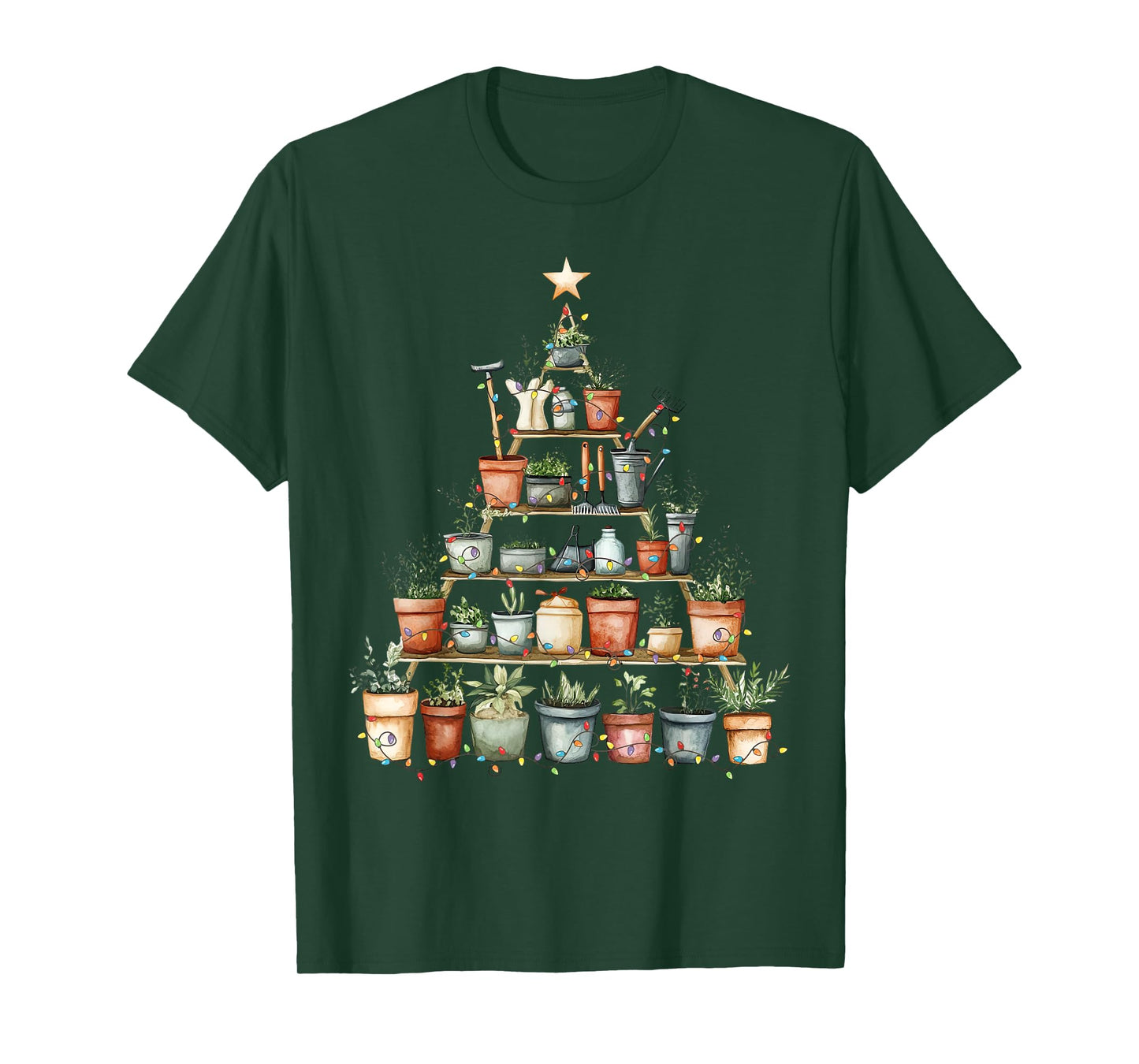Potted Plant Christmas Tree Lights Gardening Gardener Xmas T-Shirt