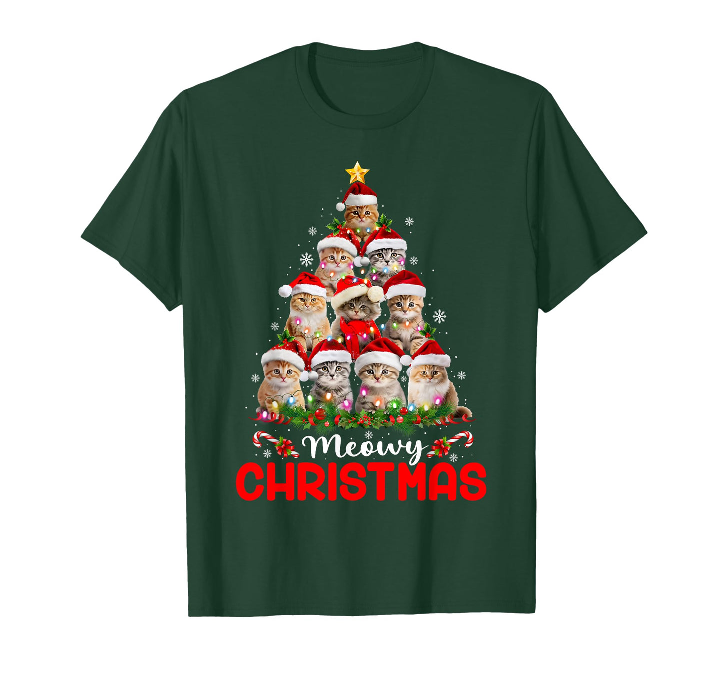 Merry Catmas Cat Christmas Tree Lights Funny Xmas Pajamas T-Shirt for Men Women Kids