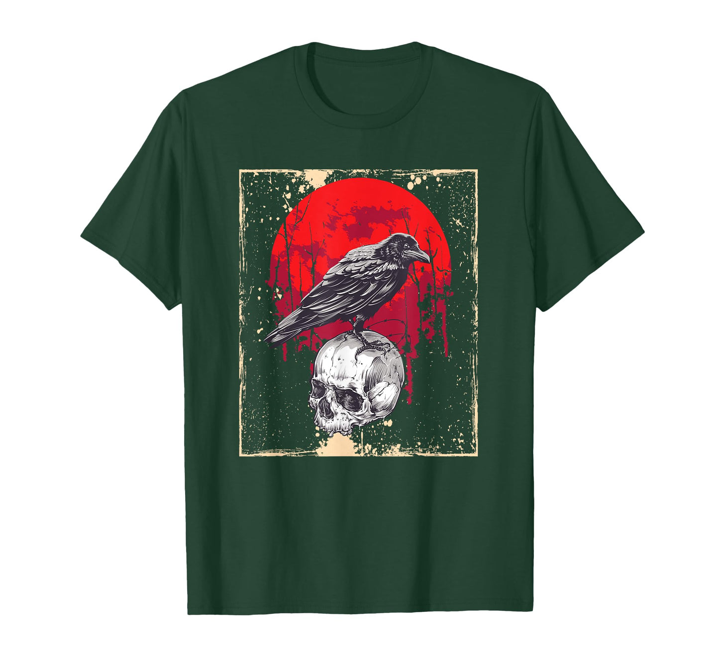 Gothic Raven Skull Red Moon Black Crow T-Shirt