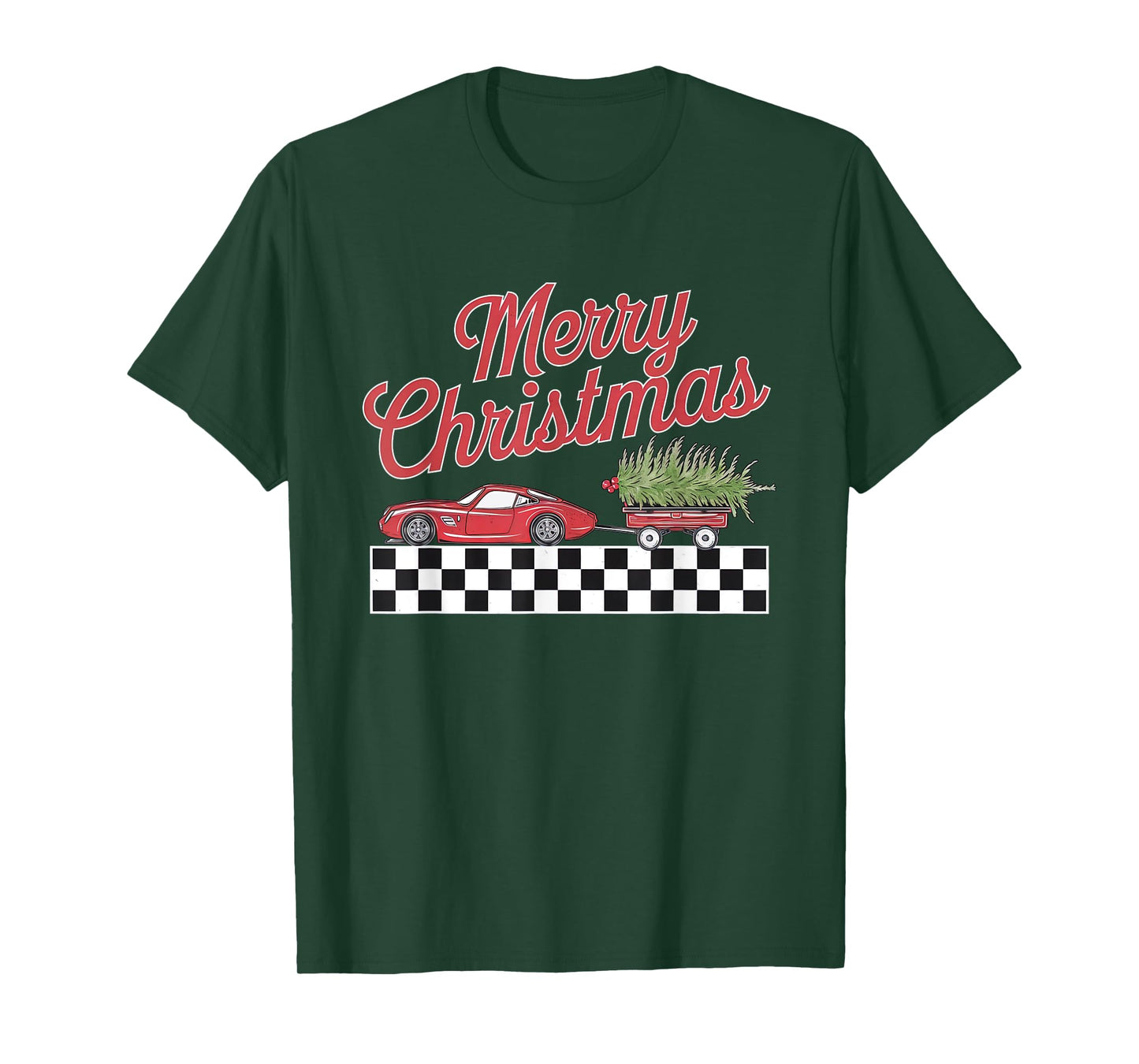 Racing Merry Christmas Race Car Pulling Wagon Christmas Tree T-Shirt