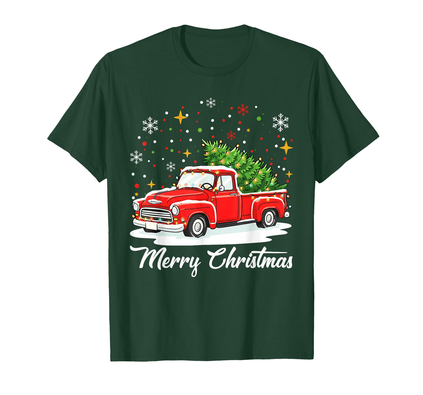 Vintage Merry Christmas Red Truck Xmas Tree Family T-Shirt