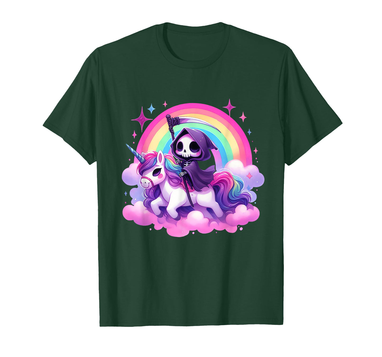 Funny Humor Rainbow Gothic Grim Reaper Riding Unicorn Kids T-Shirt