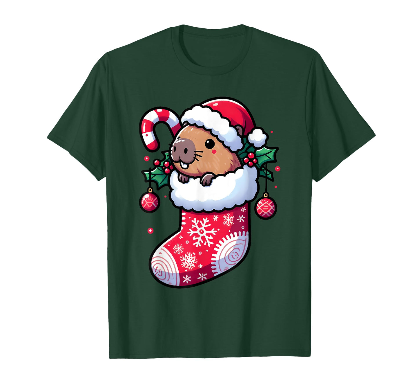 Cute Capybara Wearing Santa Hat in Christmas Stocking Pajama T-Shirt