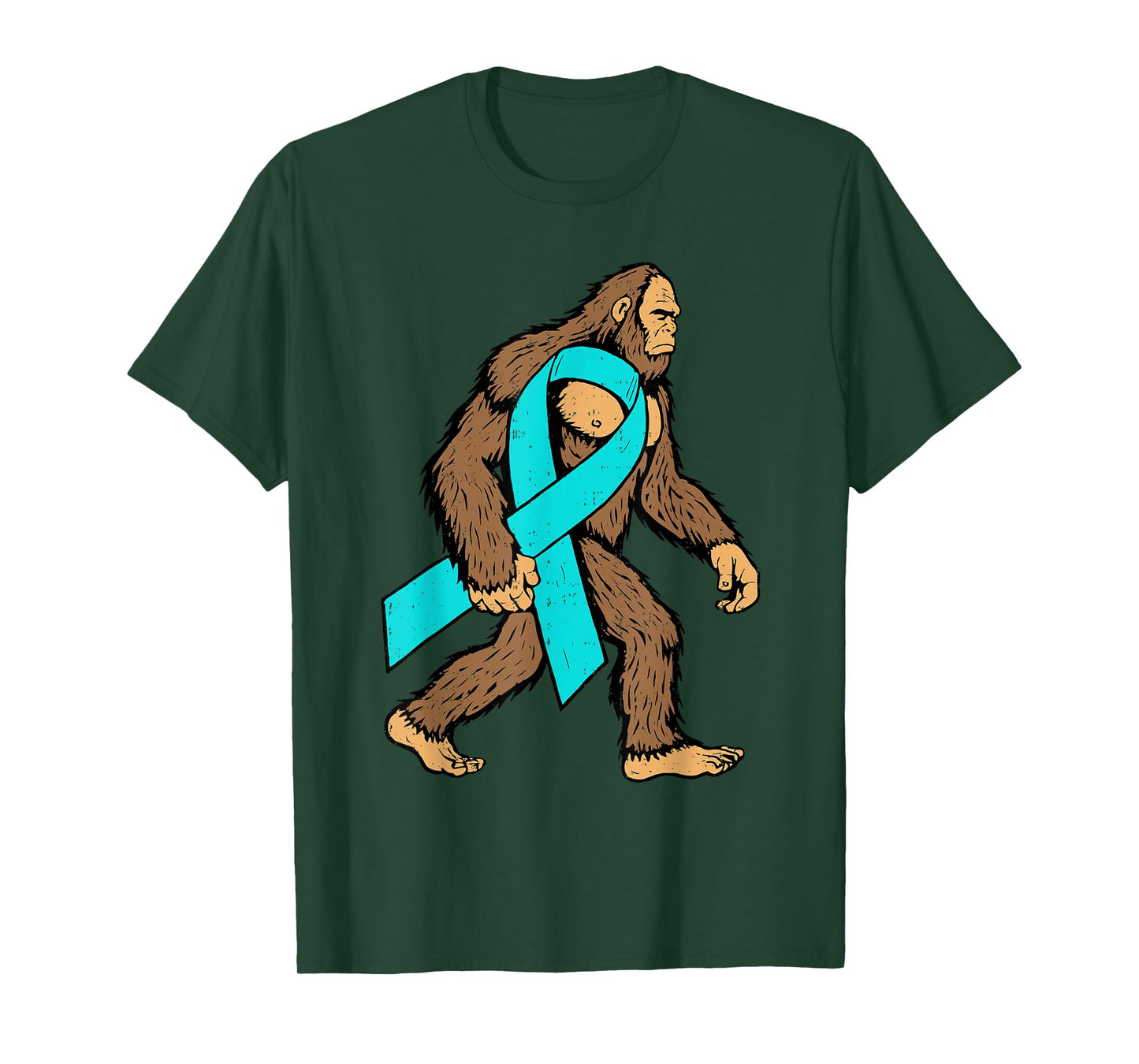 Ovarian Cancer Awareness Bigfoot Ribbon Teal Support Men Boy T-Shirt
