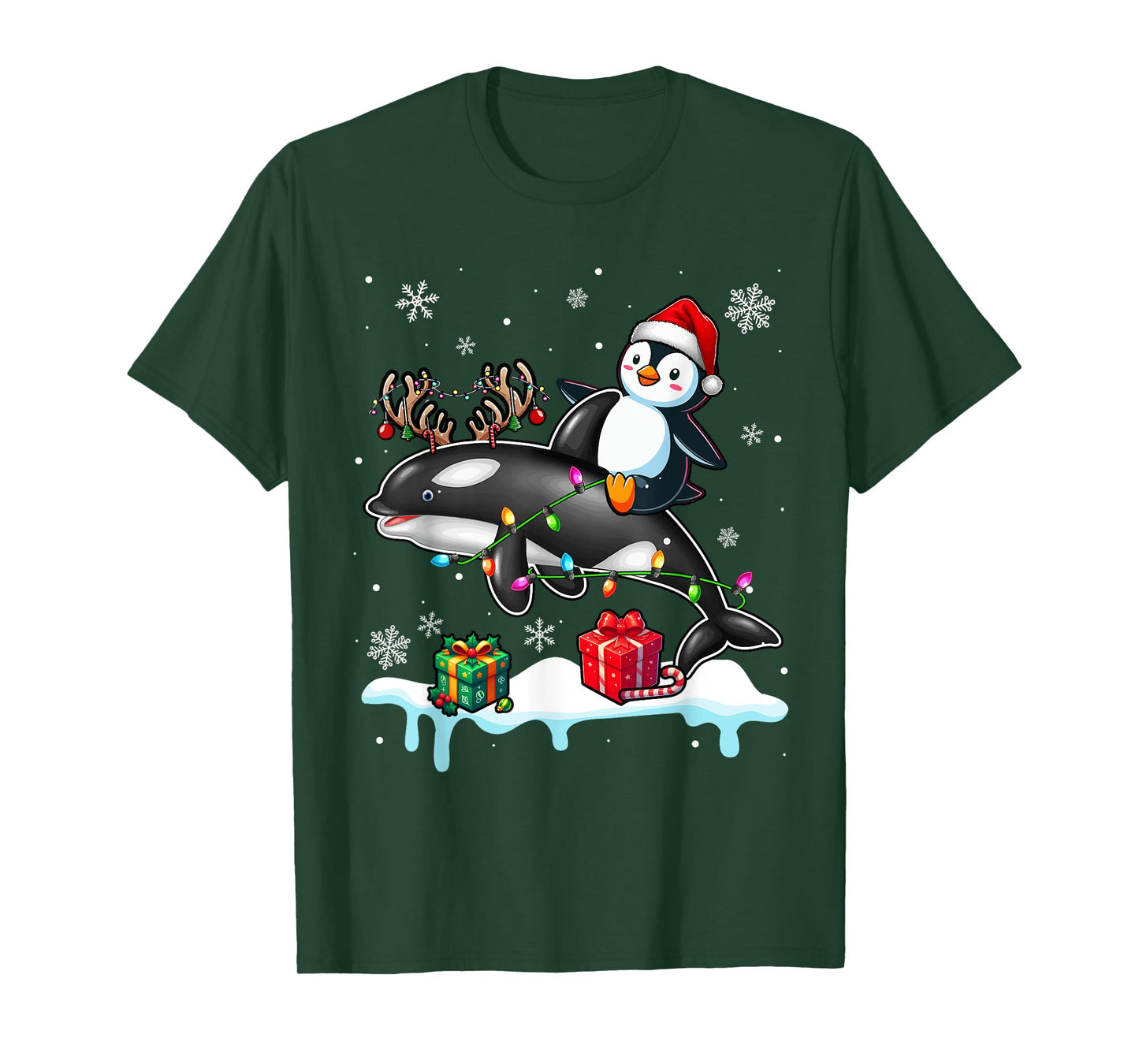 Christmas Santa Penguin Riding Reindeer Orca Lover Kids T-Shirt
