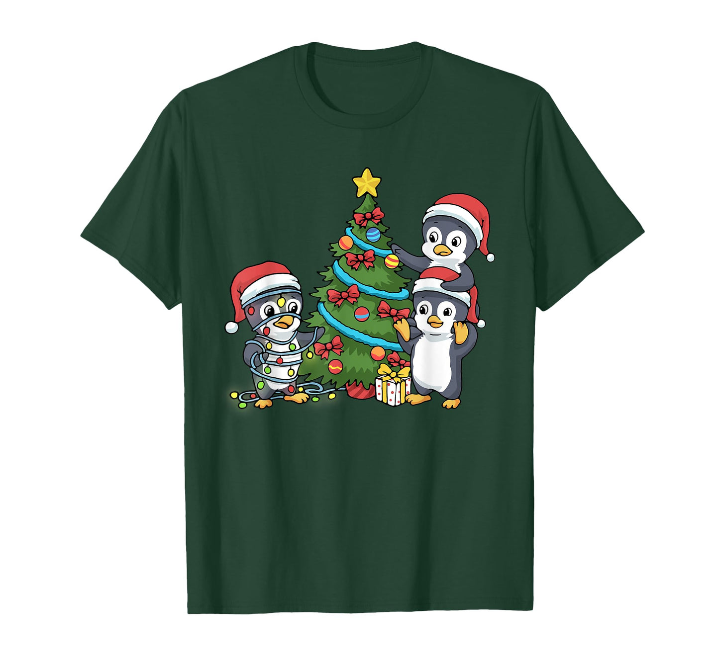 Kids Christmas Penguin Tshirt Christmas Tree Lights Baubles T-Shirt