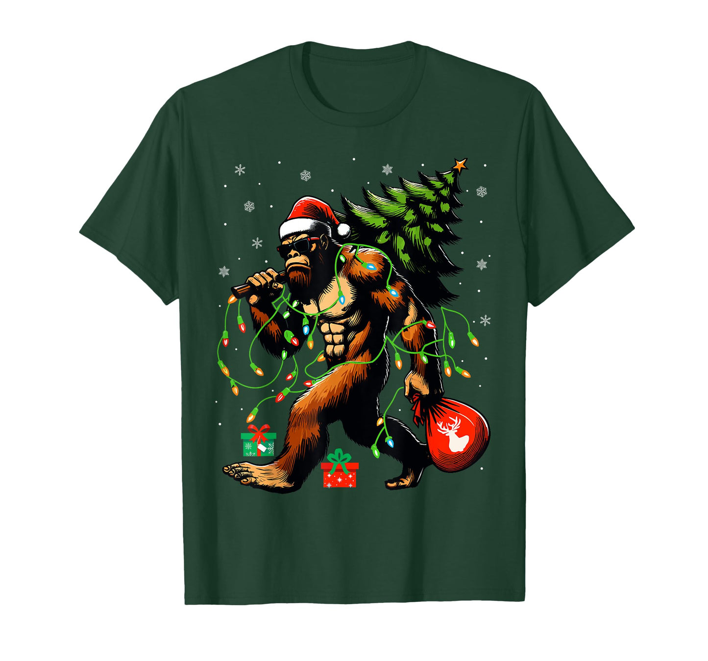 Santa Bigfoot Christmas Tree Xmas Lights Funny Sasquatch T-Shirt