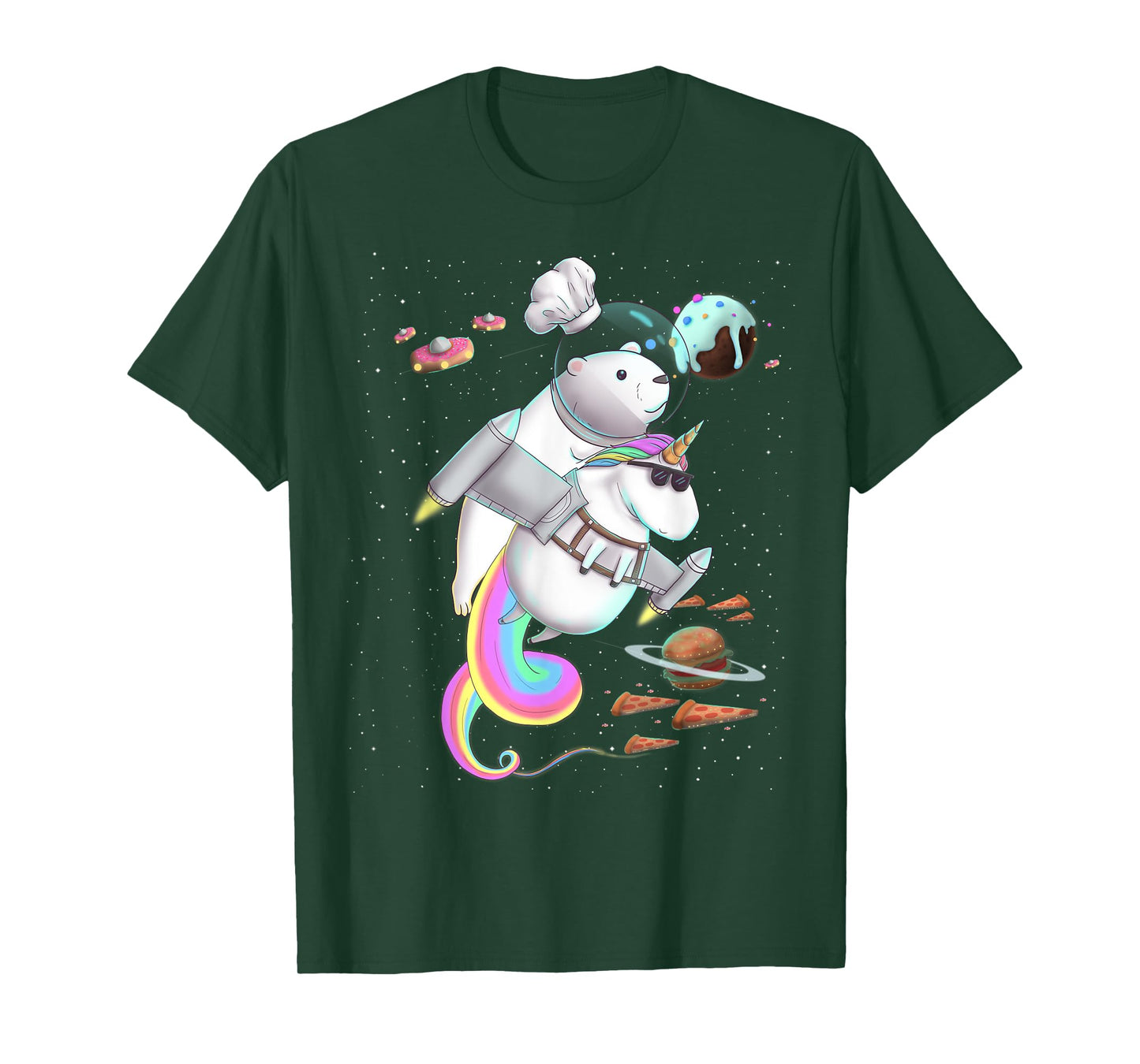 Polar Bear Riding Unicorn Food Pizza Space Party Planet T-Shirt