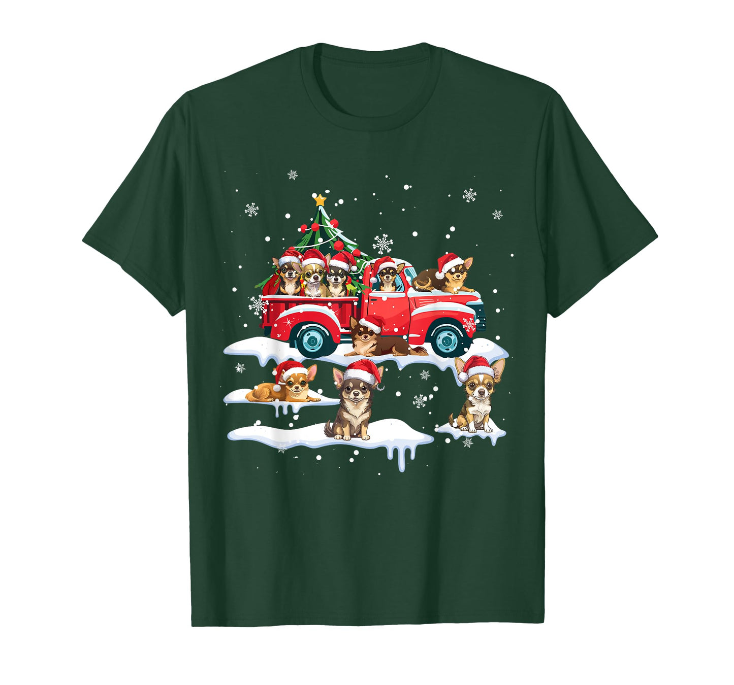 Chihuahua Dog Riding Red Truck Ugly Sweater Merry Christmas T-Shirt