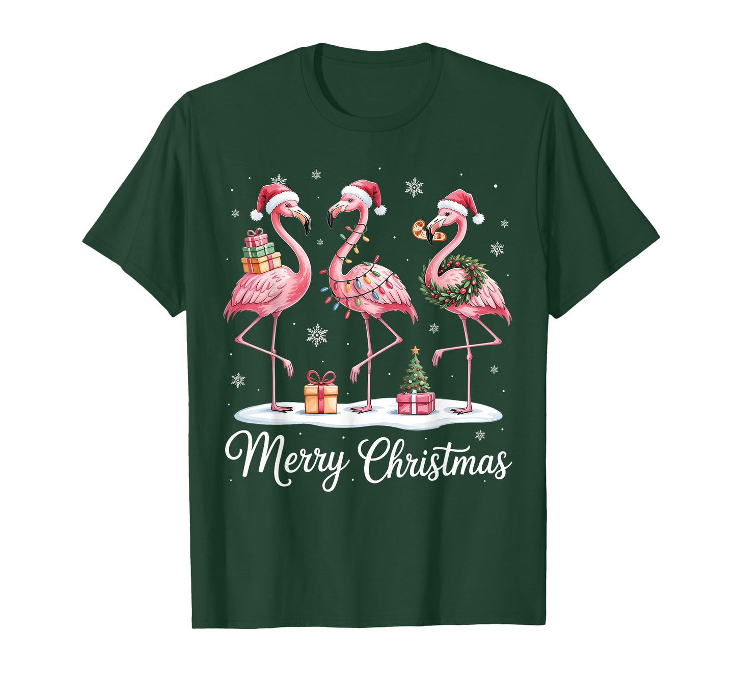 Merry Christmas Cute Flamingo Santa Snow Xmas Lights Pajamas T-Shirt