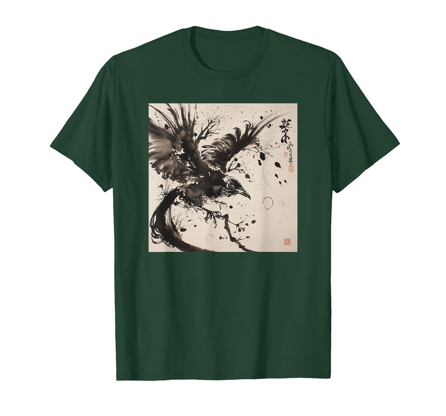 Japanese Ink Art Crow- Raven Ink Art Graphic T-Shirt