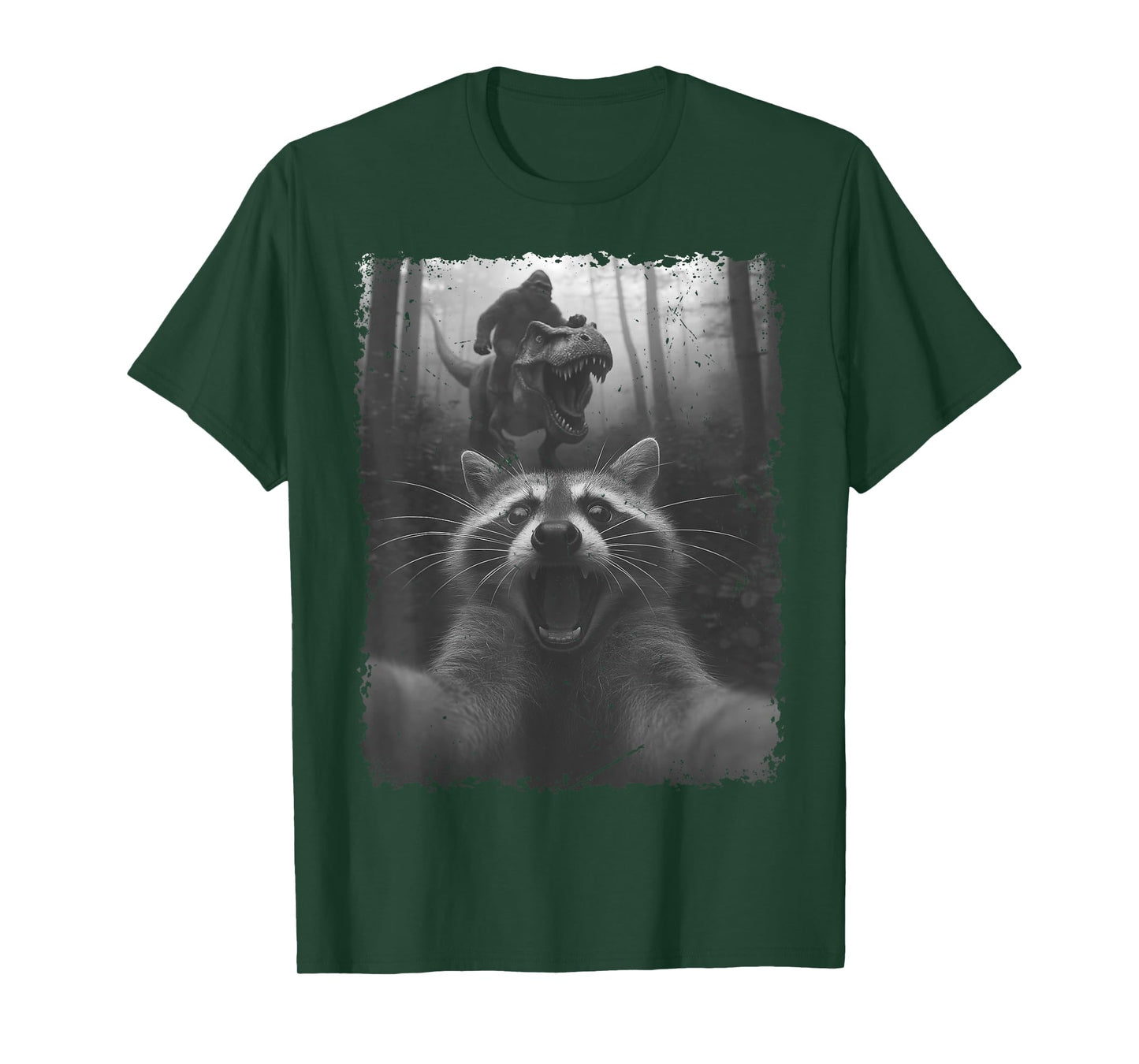 Funny Raccoon Selfie with T-Rex Dinosaur and Bigfoot T-Shirt