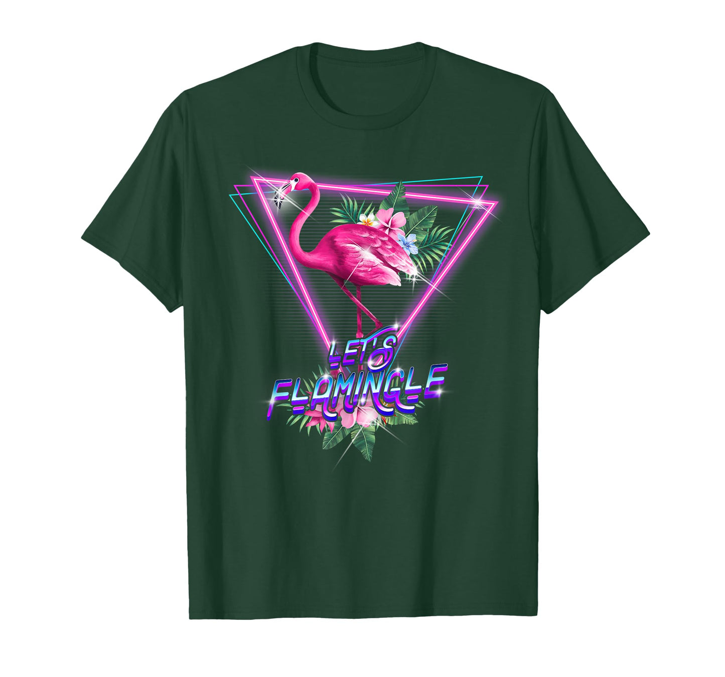 Retro 80s Botanical Tropical Leaf Flowers Let's Flamingle T-Shirt