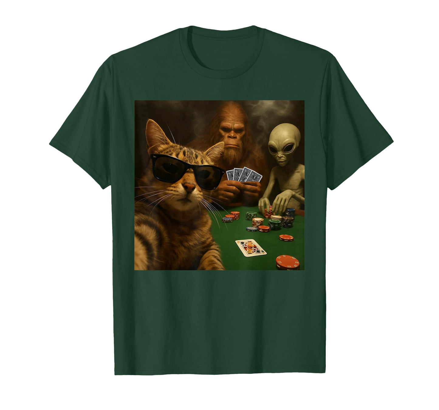 Cat Poker Selfie Bigfoot & Alien Playing Cards Funny T-Shirt