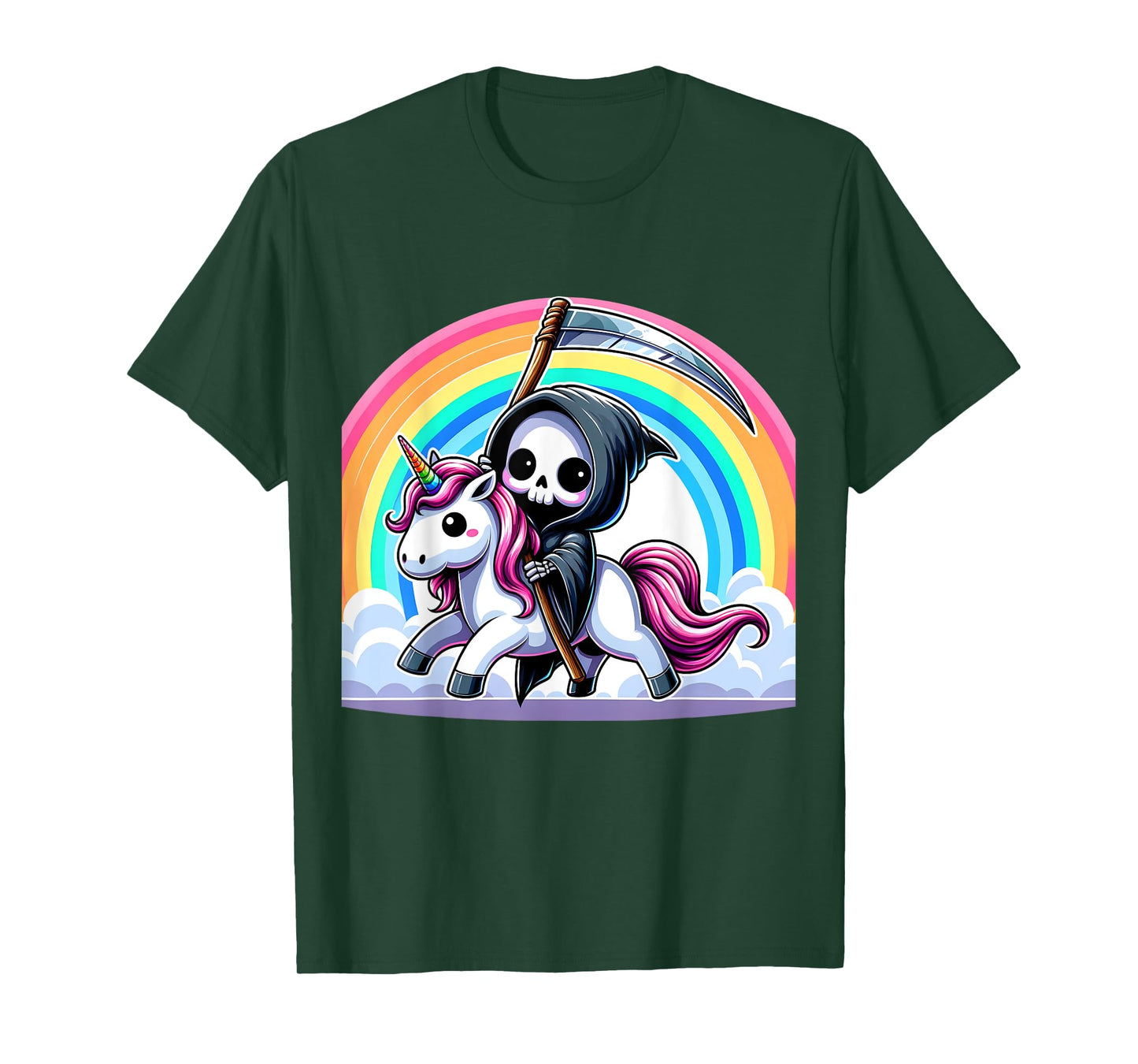 Grim Reaper Riding Unicorn Funny Rainbow Heavy Metal T-Shirt