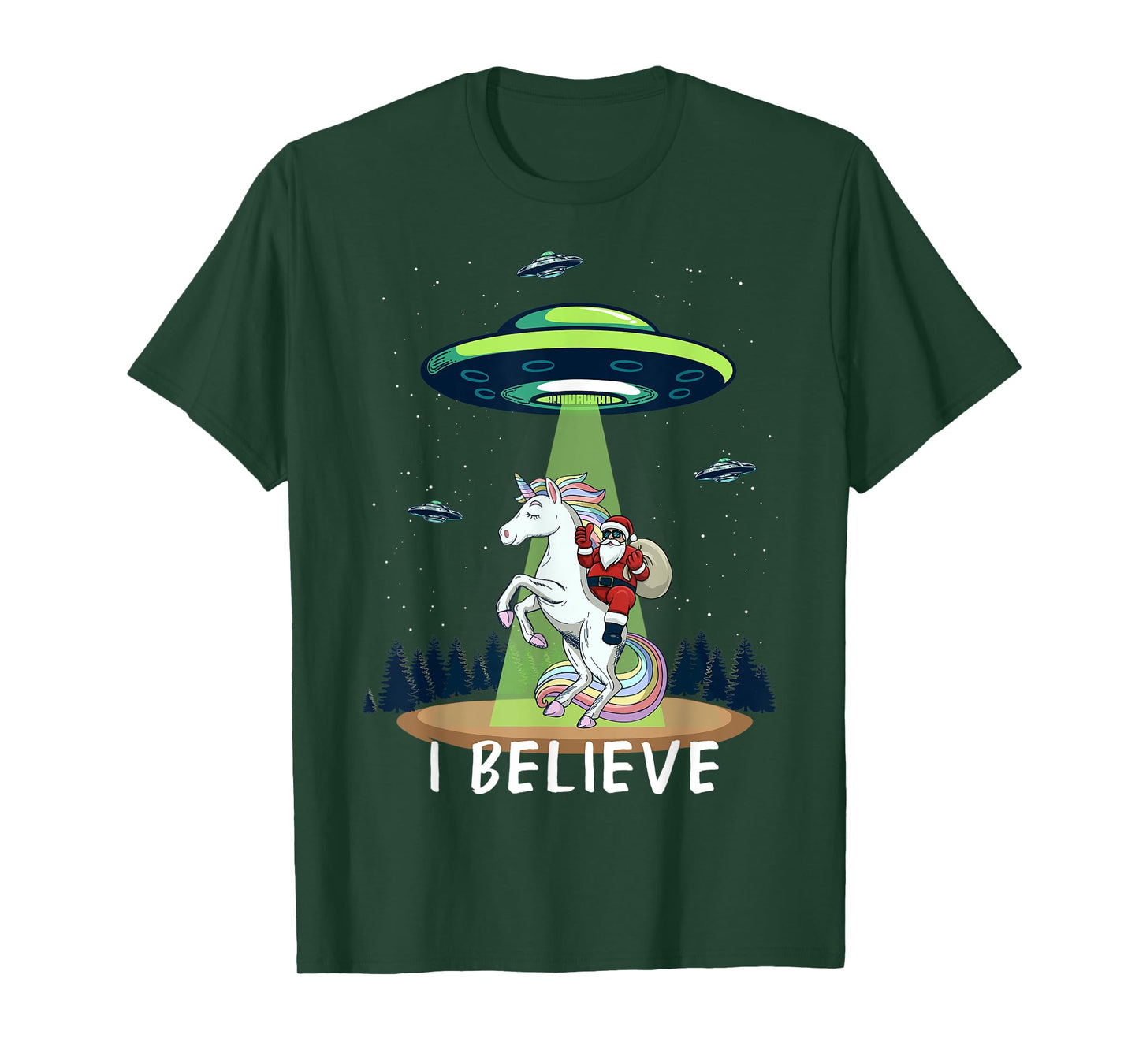 Santa Claus Riding Unicorn Alien space UFO Christmas Design T-Shirt