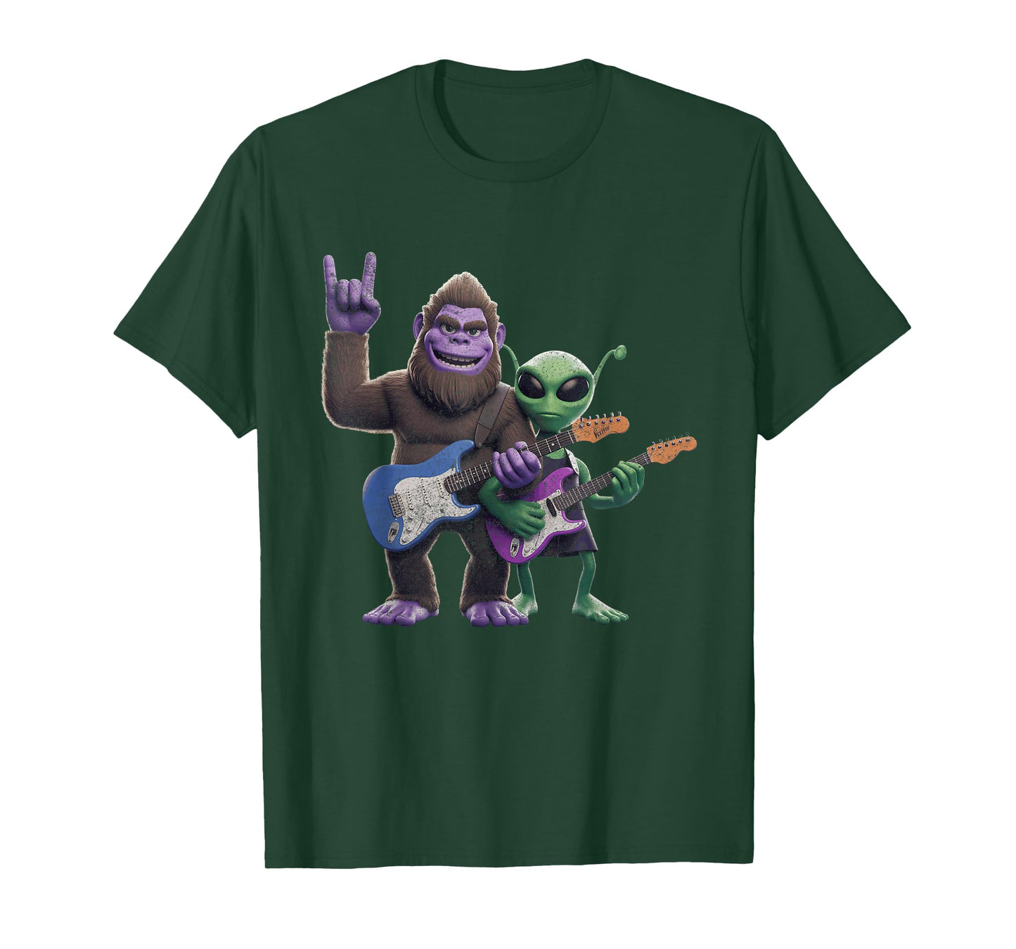 Funny Alien And Bigfoot Sasquatch Guitar Rock On T-Shirt