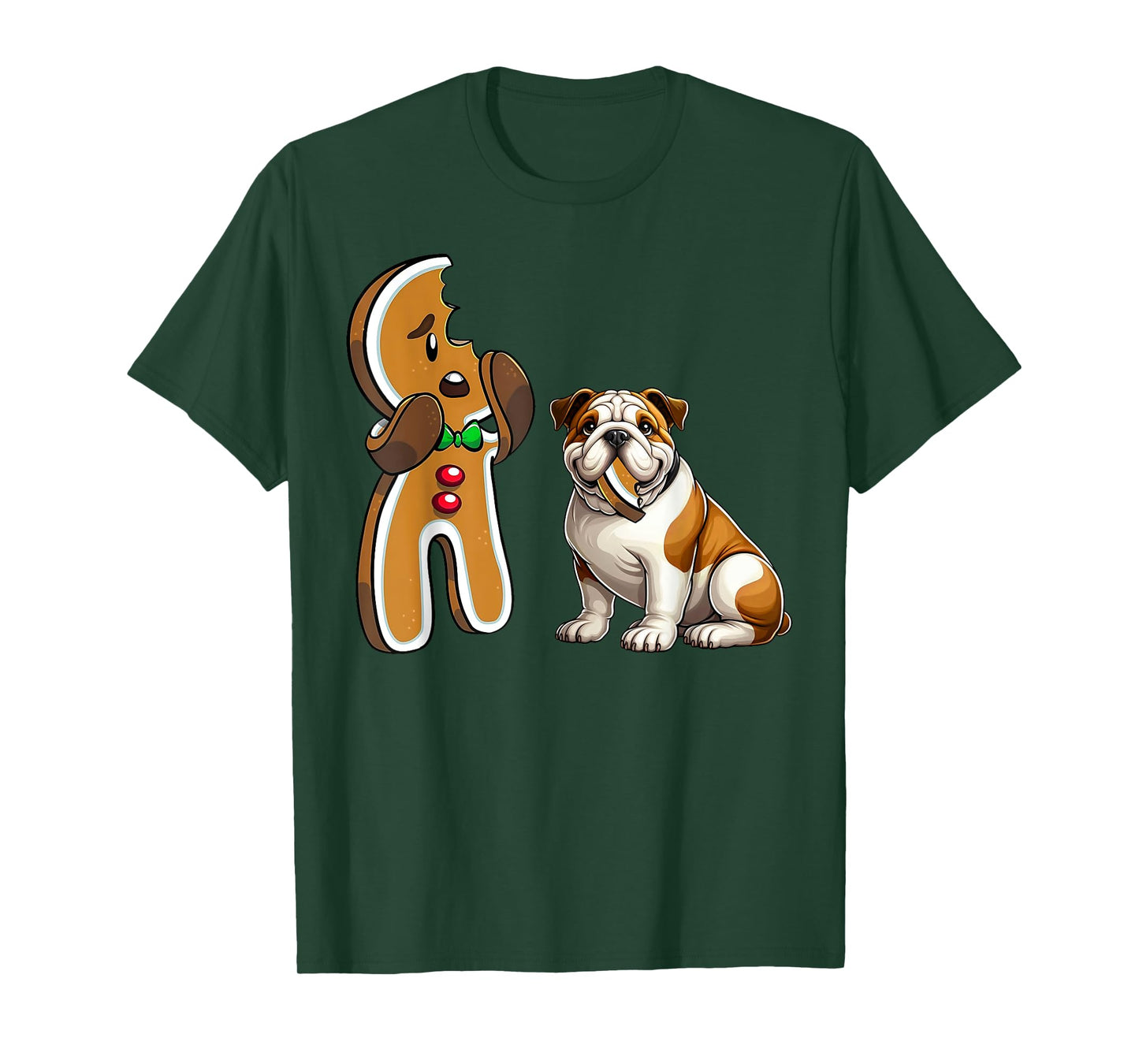 Funny English Bulldog Dog Biting Gingerbread Merry Christmas Men Women Kids T-Shirt