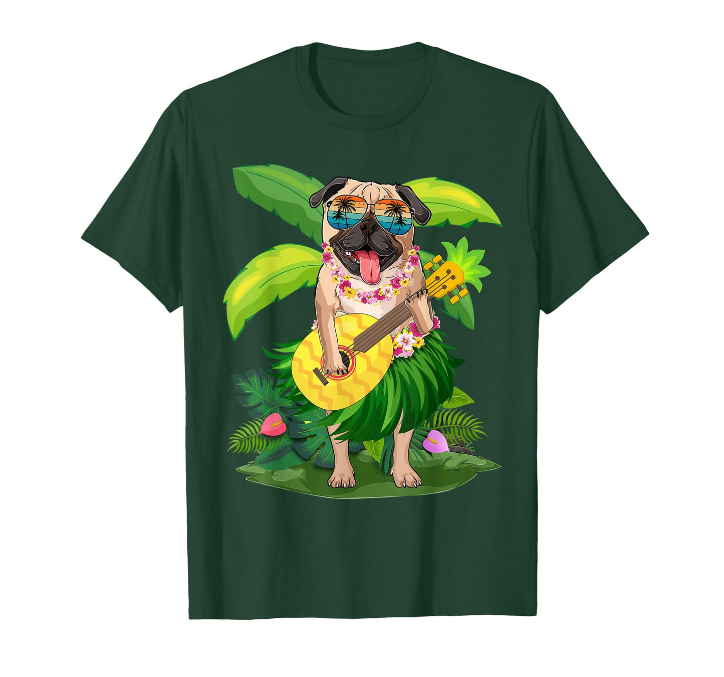 Hawaiian Pug Dog & Pineapple Ukulele Summer Vacation T-Shirt