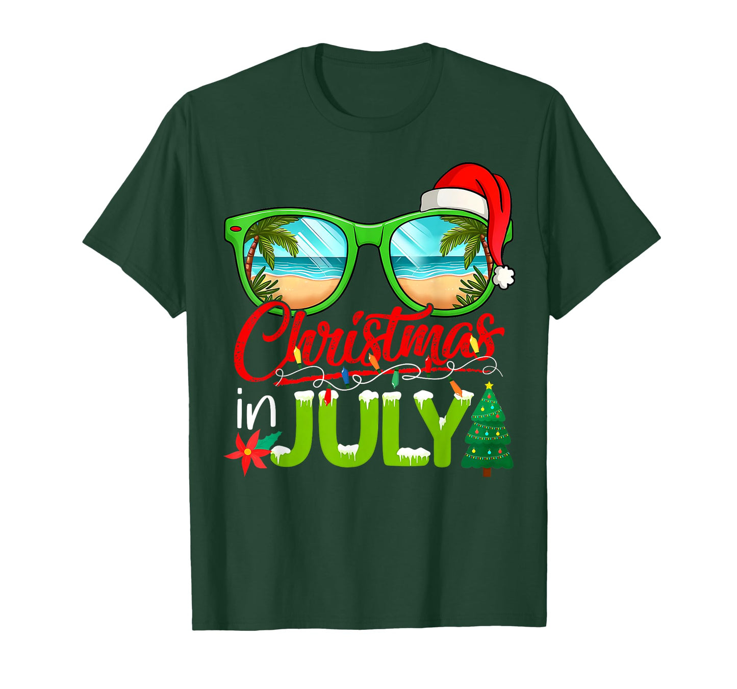 Christmas In July Sunglasses Santa Hat Summer Beach Xmas T-Shirt