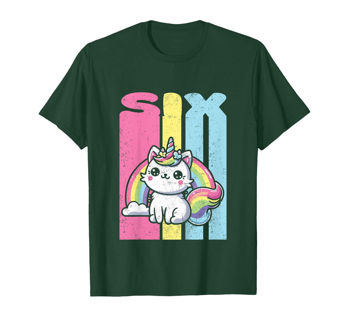 Kids Six 6th Birthday Caticorn Cat Unicorn Rainbow Grunge T-Shirt