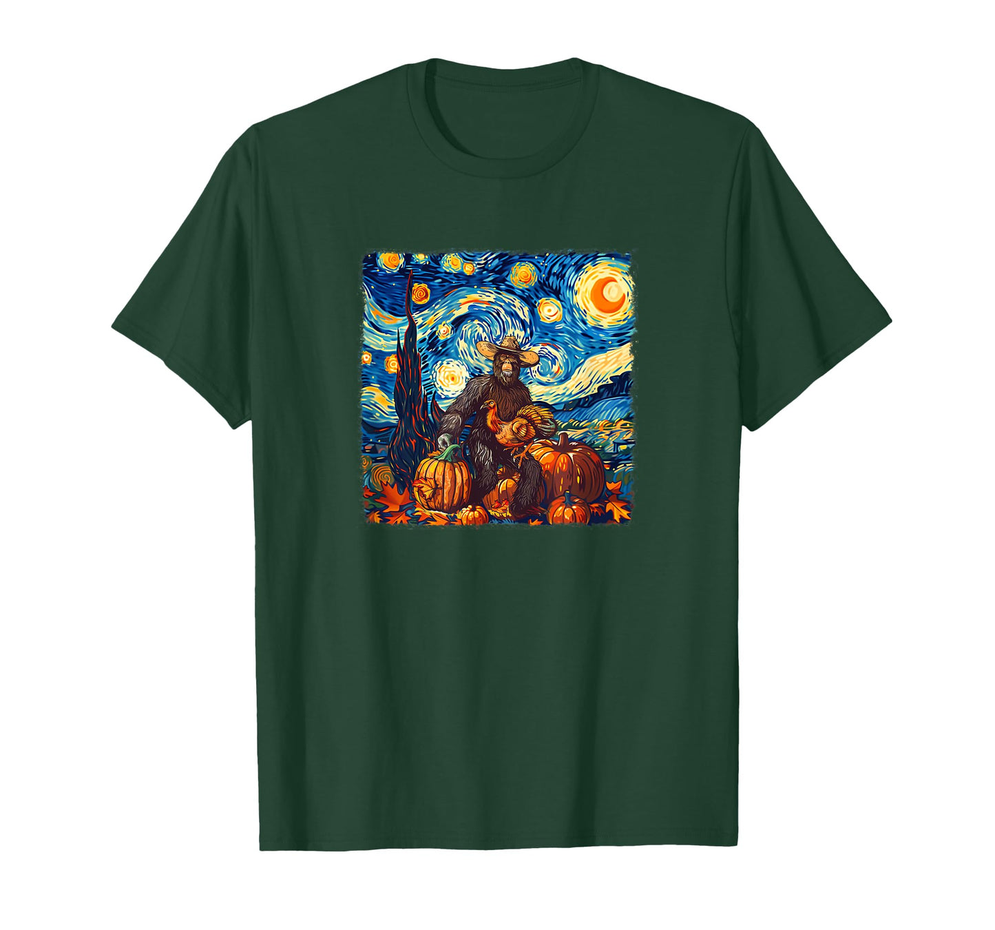 Funny Bigfoot Pilgrim Turkey Pumpkin Thanksgiving Van Gogh T-Shirt