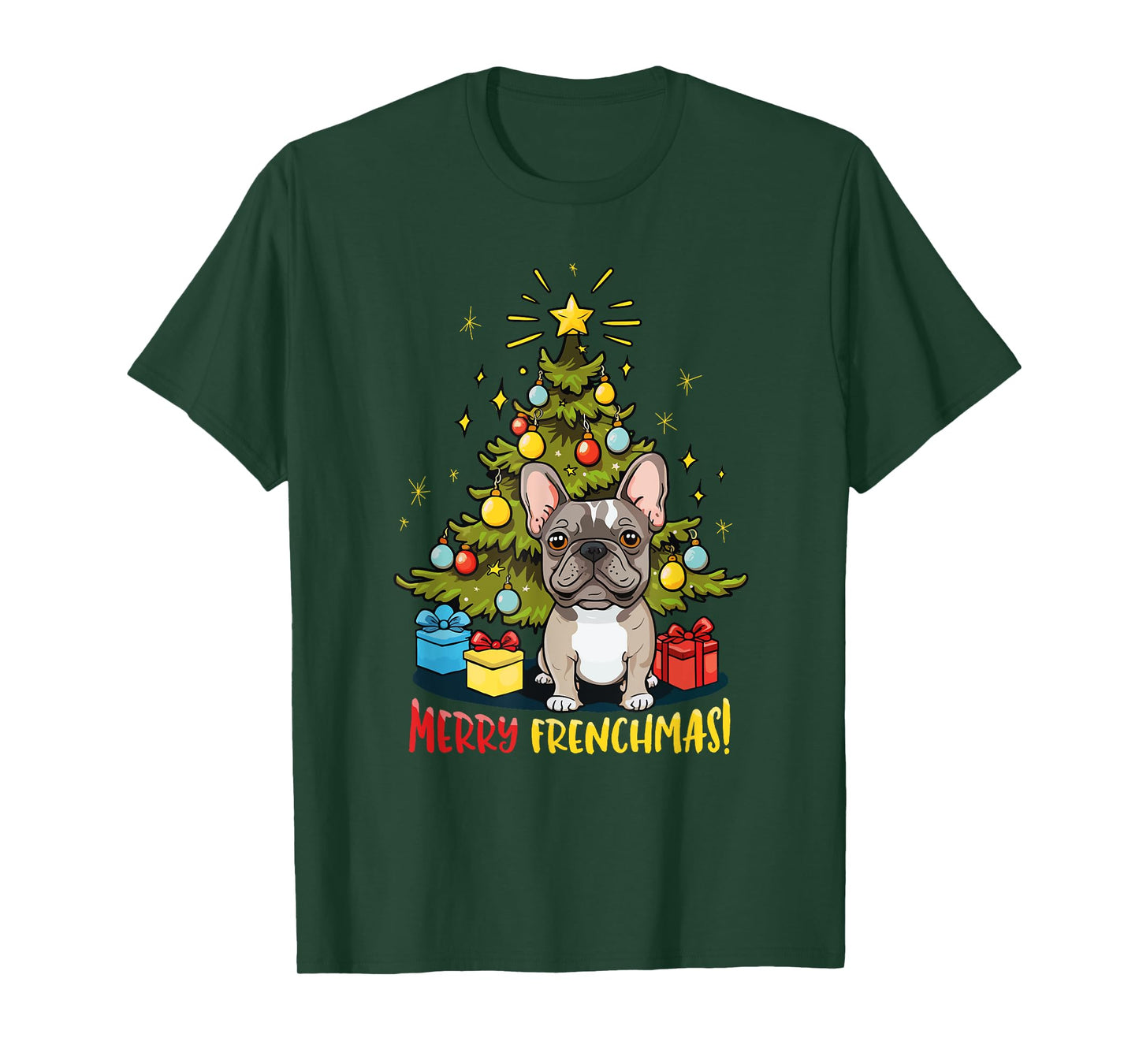 Funny French Bulldog With Christmas Tree T-Shirt for Men Women Kids