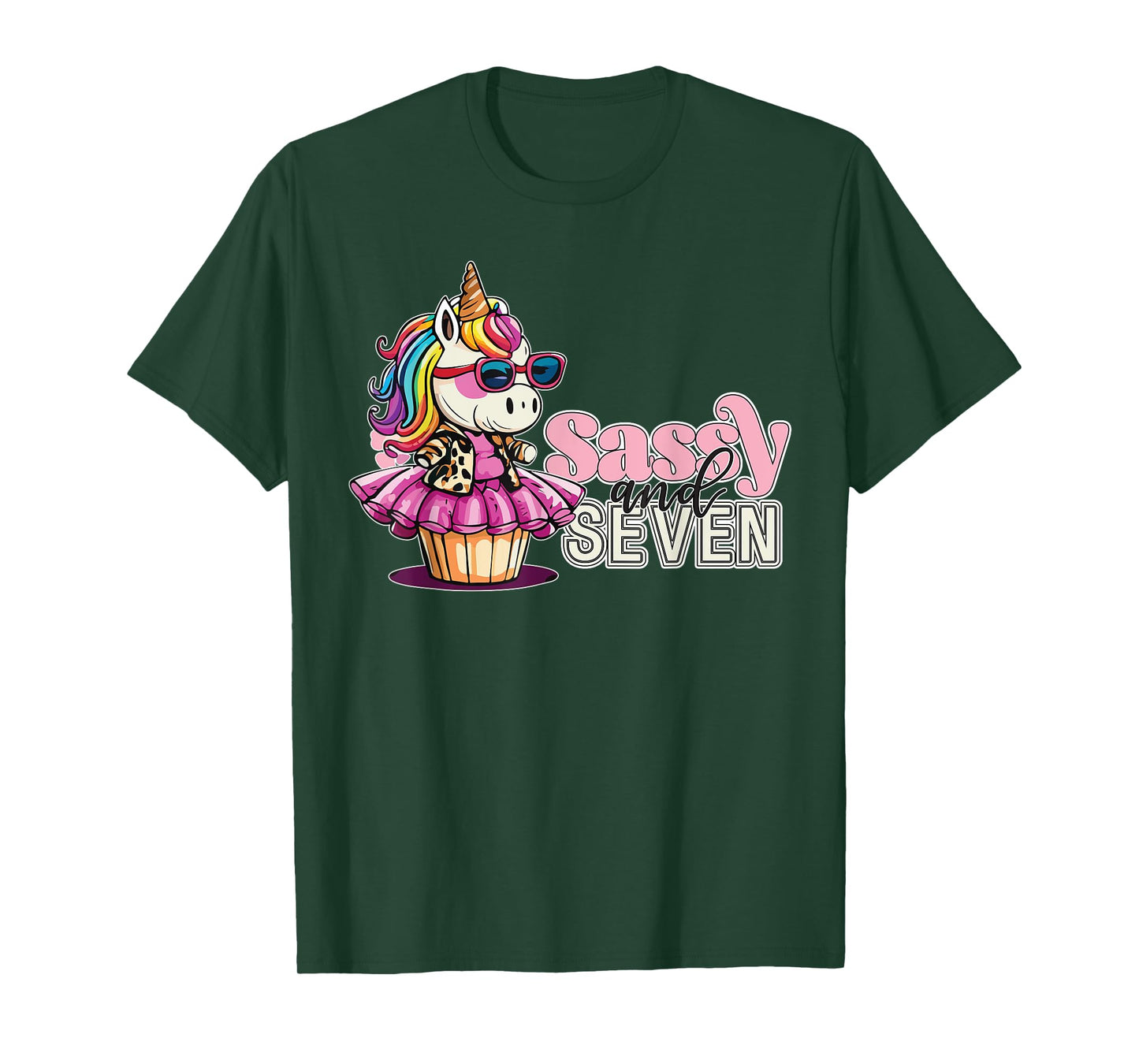 Girls Sassy and Seven 7th Birthday Unicorn Age 7 Cupcake T-Shirt