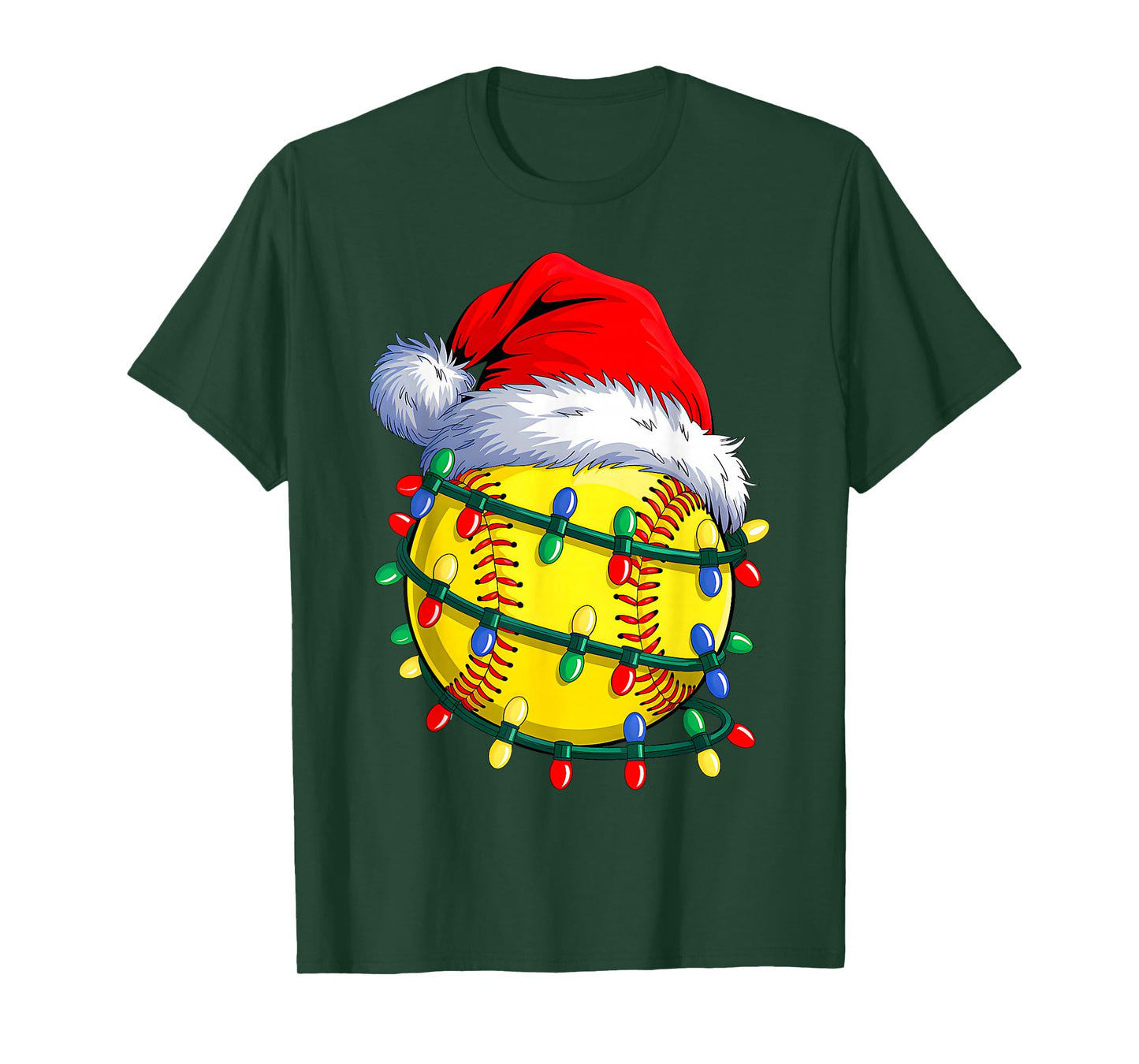 Softball Ball Santa Hat Christmas Softball Xmas Lights T-Shirt