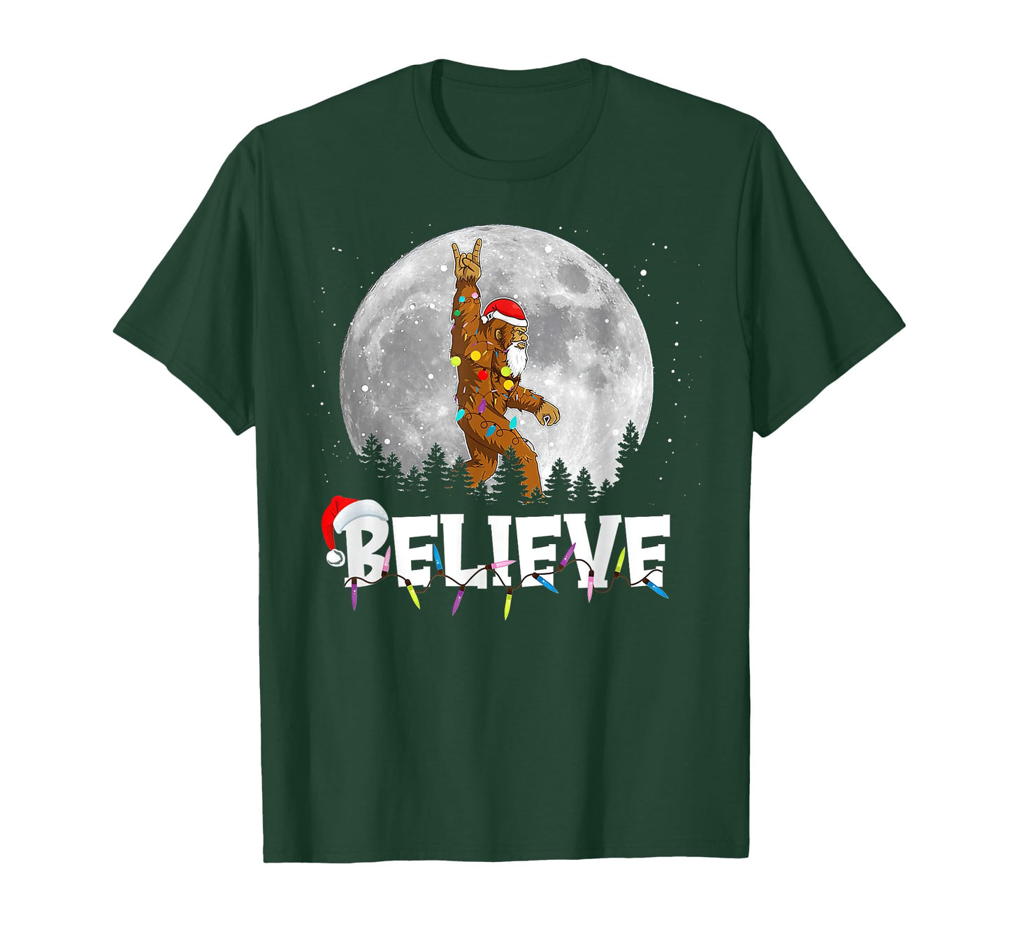Santa Bigfoot Christmas Light Funny Sasquatch Believe Xmas T-Shirt