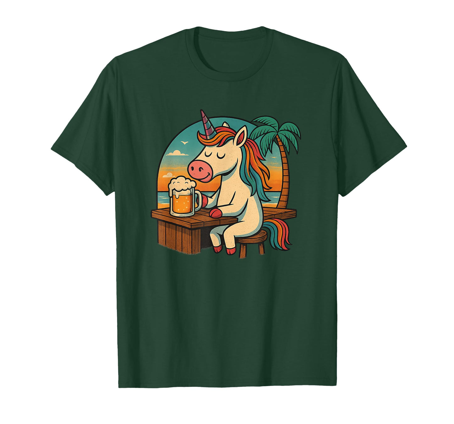 Unicorn with Beer, Relax, Unicorn, Beer, Beach, Sunset, Fun T-Shirt