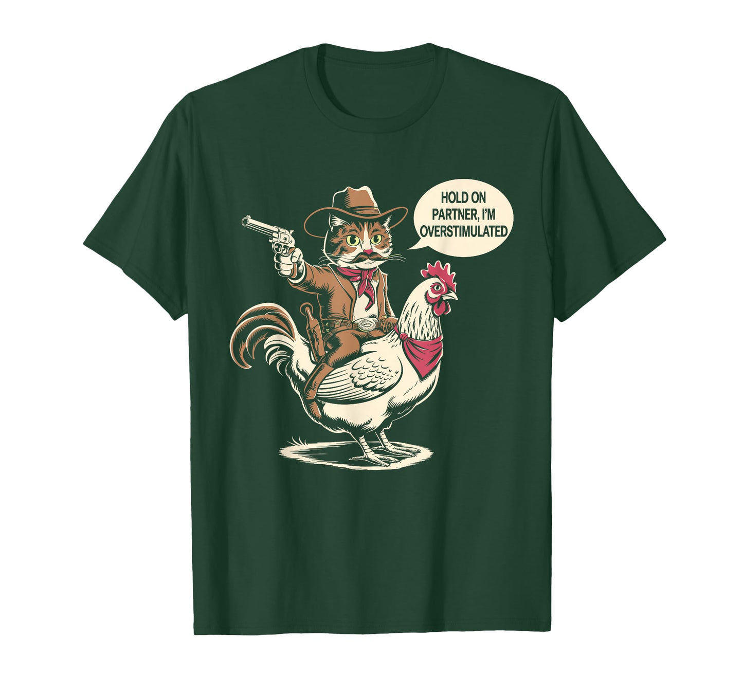 Vintage Western Humor Cat Hold On Partner I'm Overstimulated Cowboy Cat Unisex-Adults T-Shirt