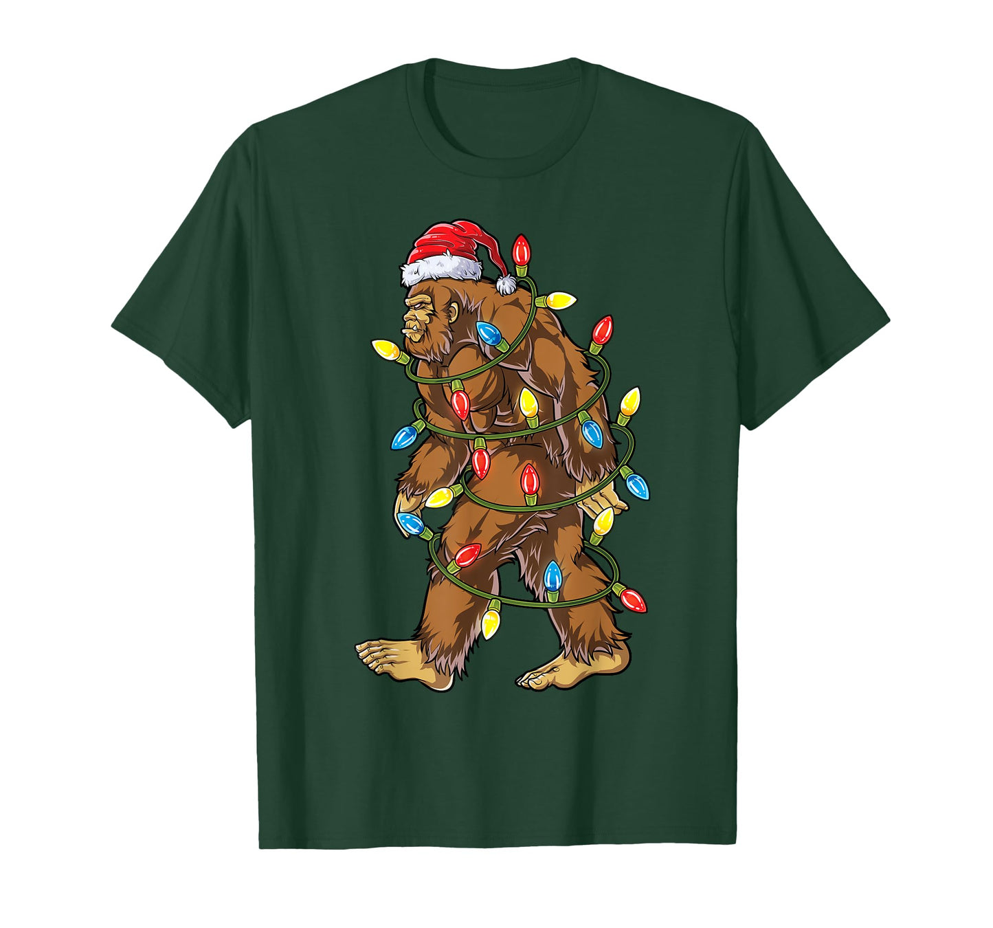 Bigfoot Santa Christmas Tree Lights Xmas Boys Men Sasquatch Short Sleeve T-Shirt
