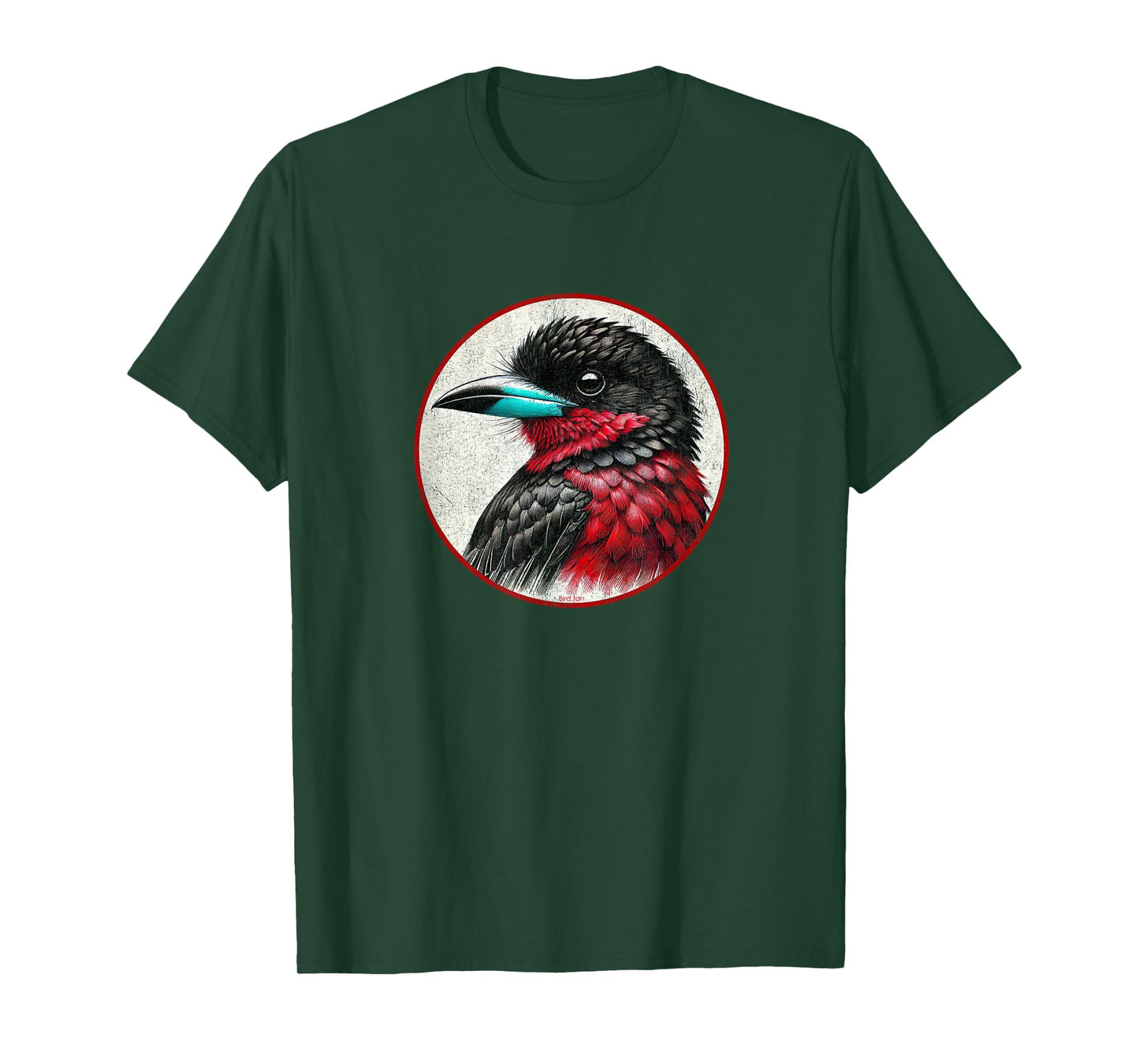Colorful Retro Black and Red Broadbill Bird Design T-Shirt