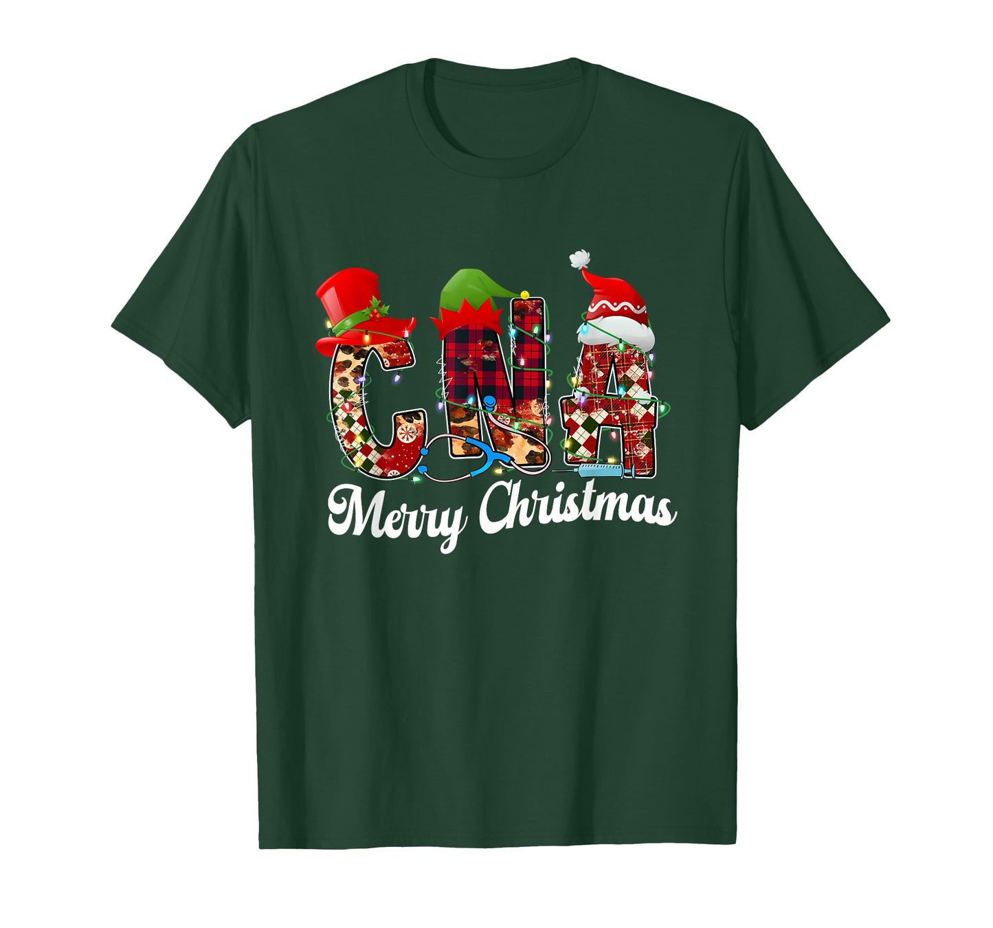 Leopard Red Plaid CNA Nurse Santa Hat Elf Christmas Lights T-Shirt