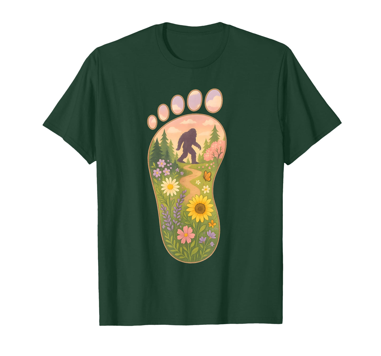 Floral Bigfoot Foot Print Forest Nature Sasquatch Cryptid T-Shirt