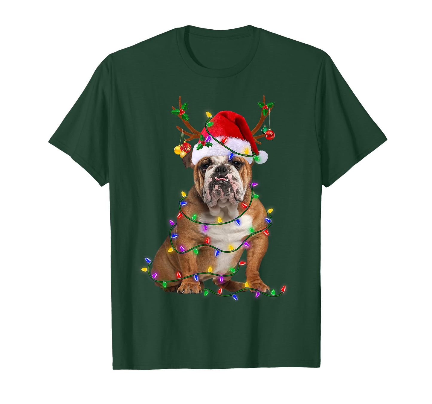 Funny English Bulldog Dog Tree Christmas Lights Xmas Pajama T-Shirt for Men Women Kids