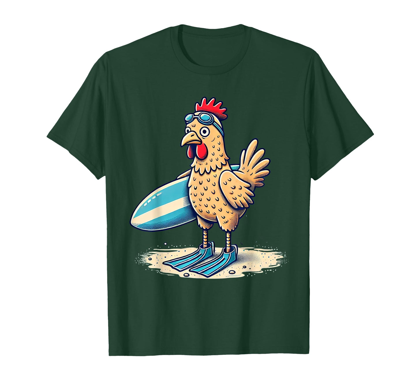 Funny Surfing Chicken with Flippers Beach Design T-Shirt