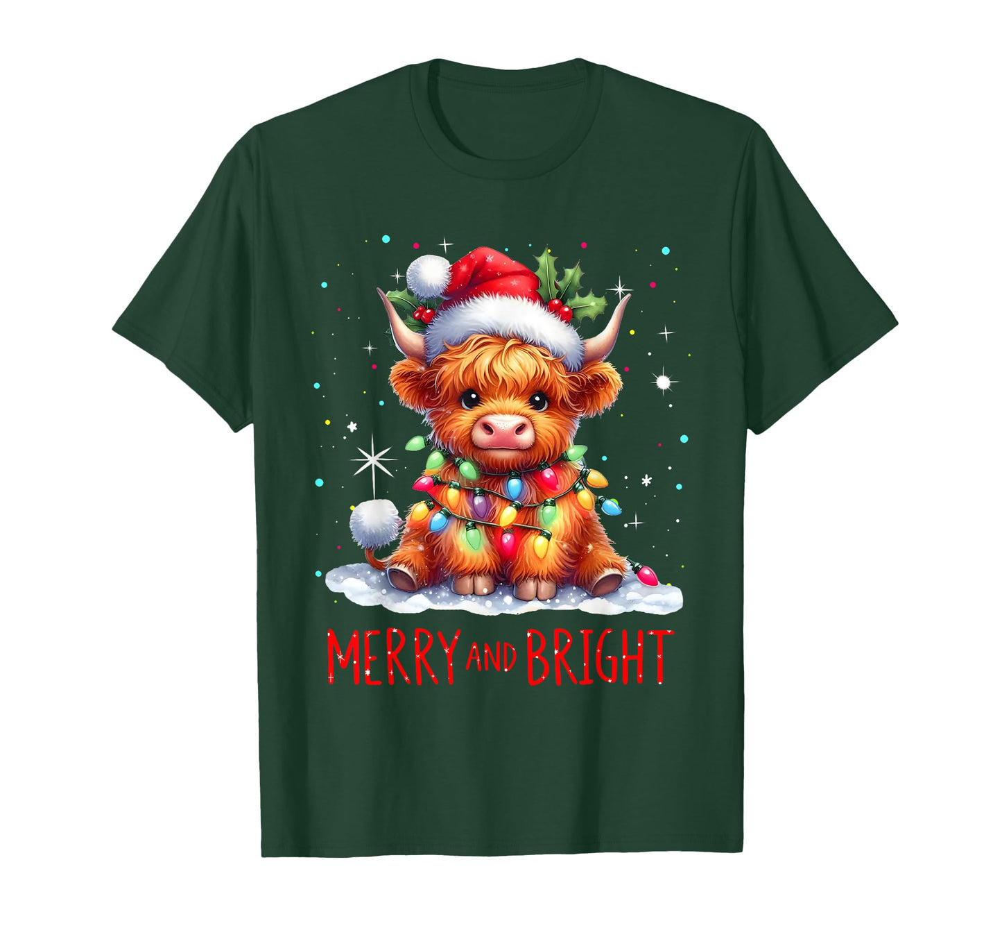 Cute Highland Baby Cow Christmas Lights Merry & Bright Xmas T-Shirt