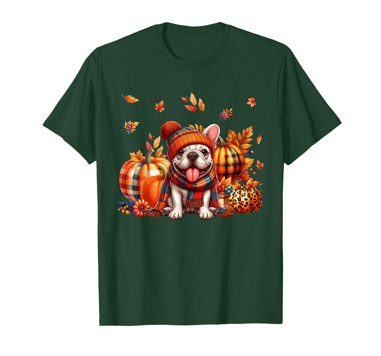 French Bulldog Thanksgiving Leopard Pumpkins Fall Leaves T-Shirt