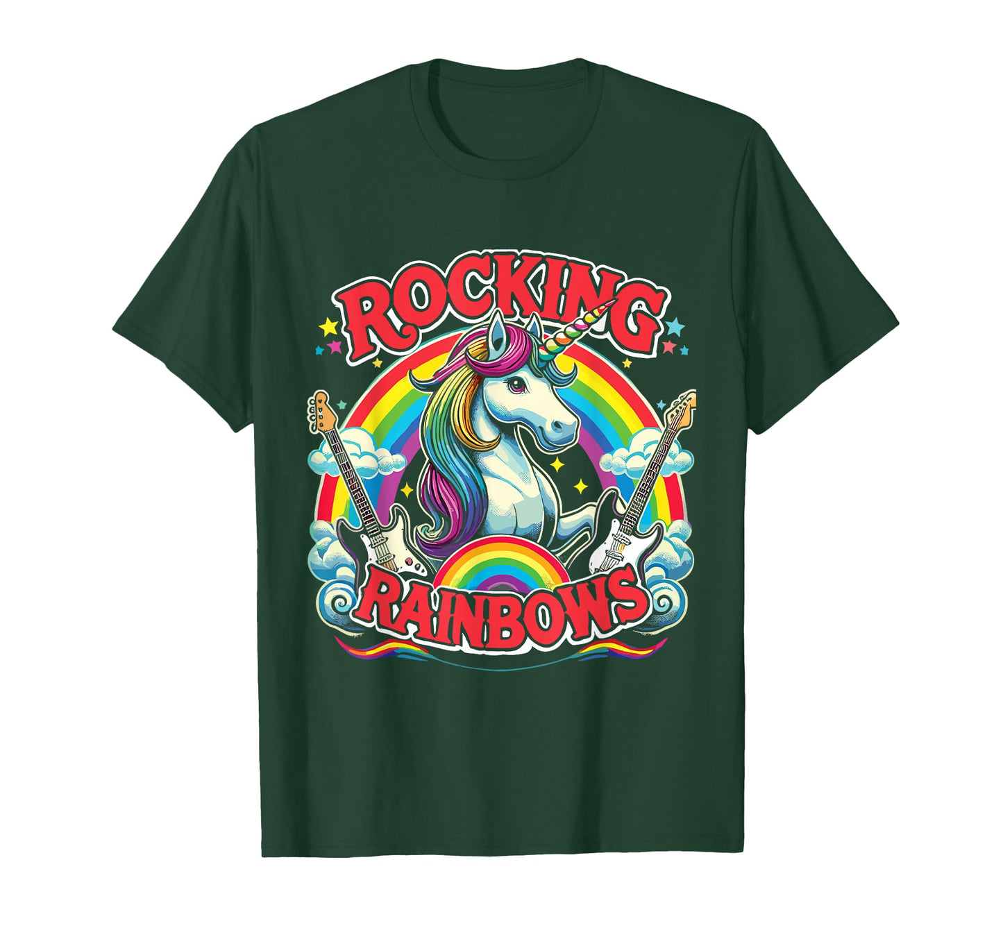 Rock Star Rock And Roll Rocking Rainbows Unicorn Guitar T-Shirt
