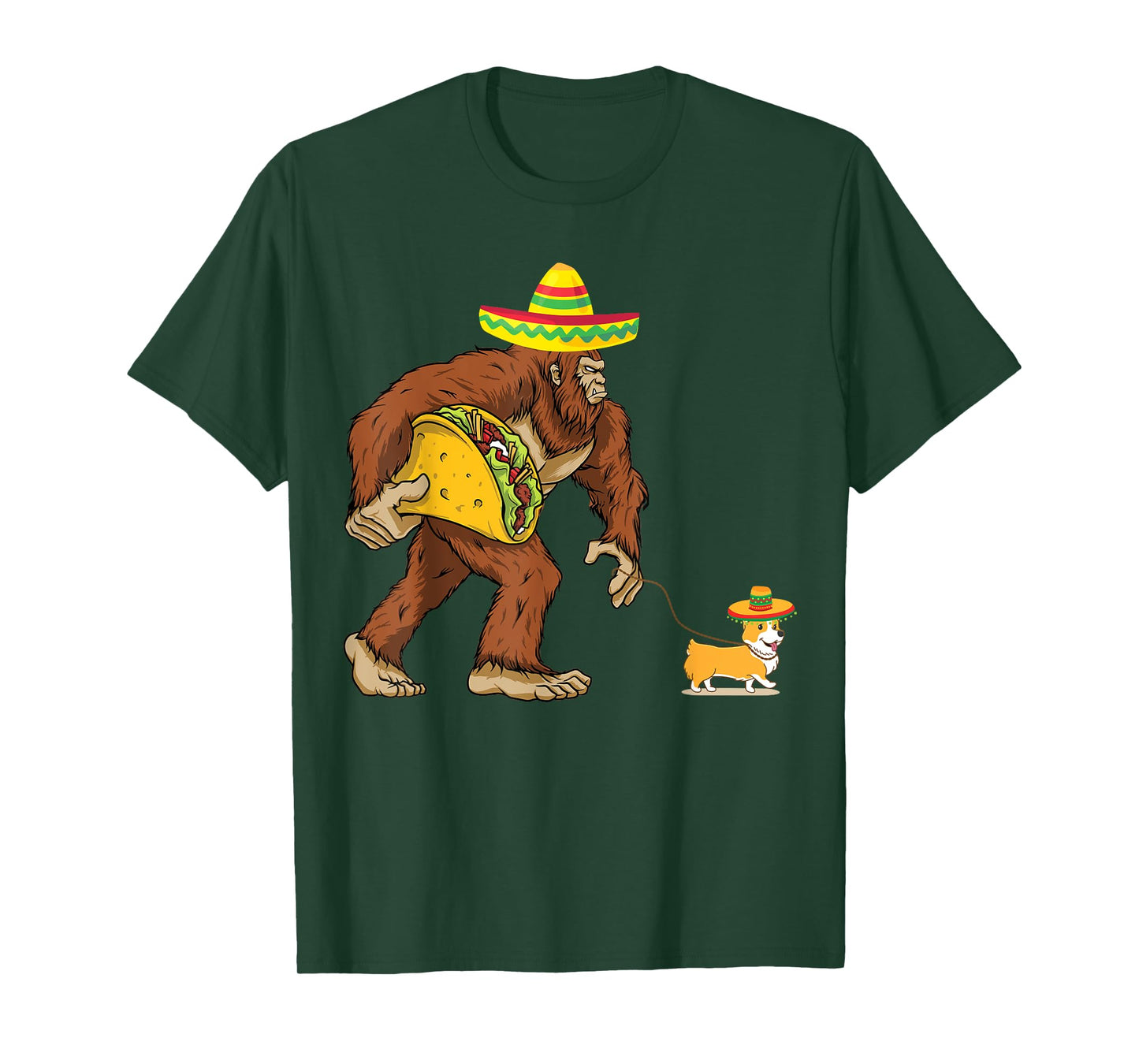 Bigfoot Steal Taco Corgi Dog Sombrero Cinco de Mayo Graphic Men Women Kids T-Shirt