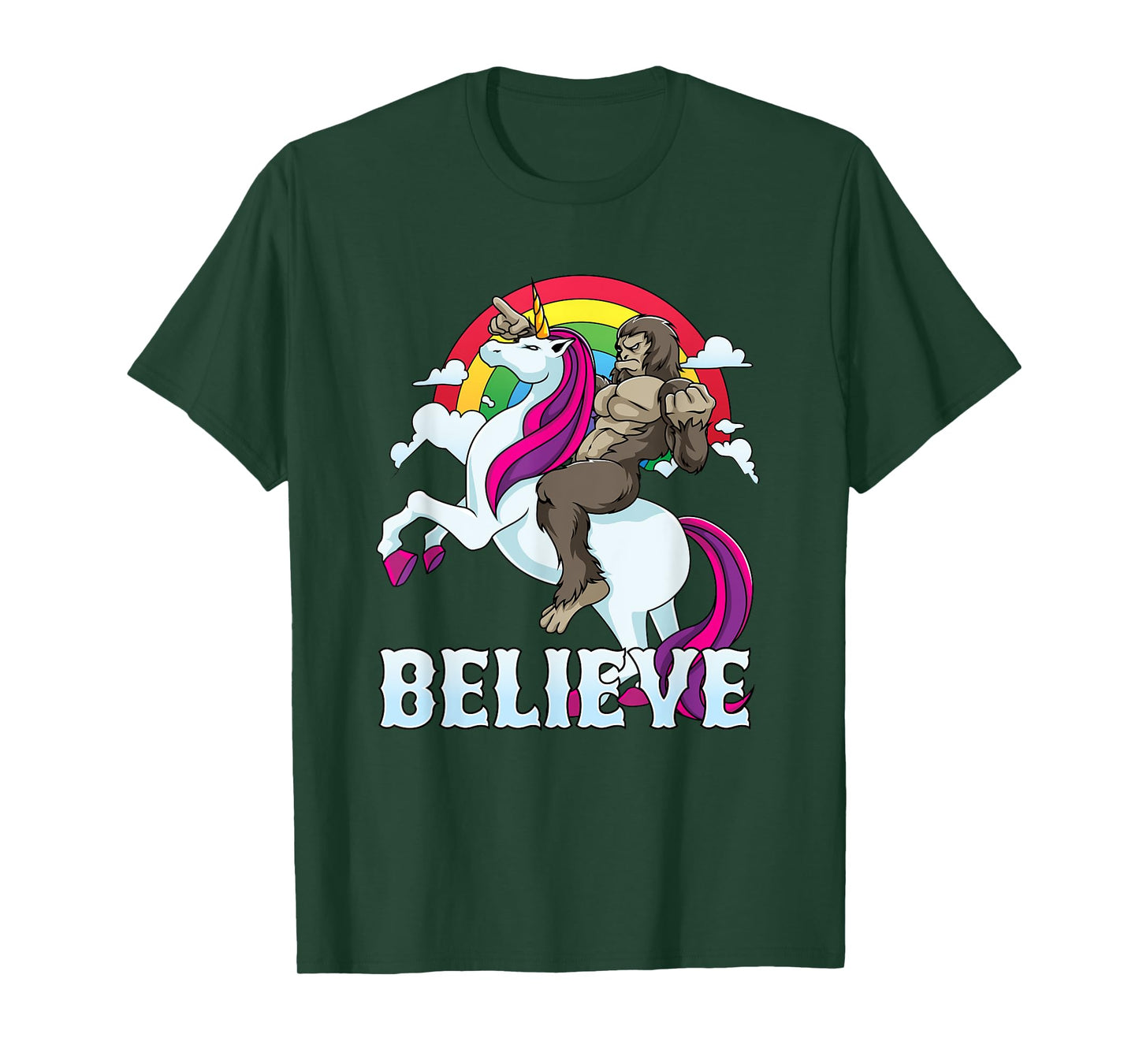 Bigfoot Riding Unicorn Believe Sasquatch Faith Rainbow T-Shirt