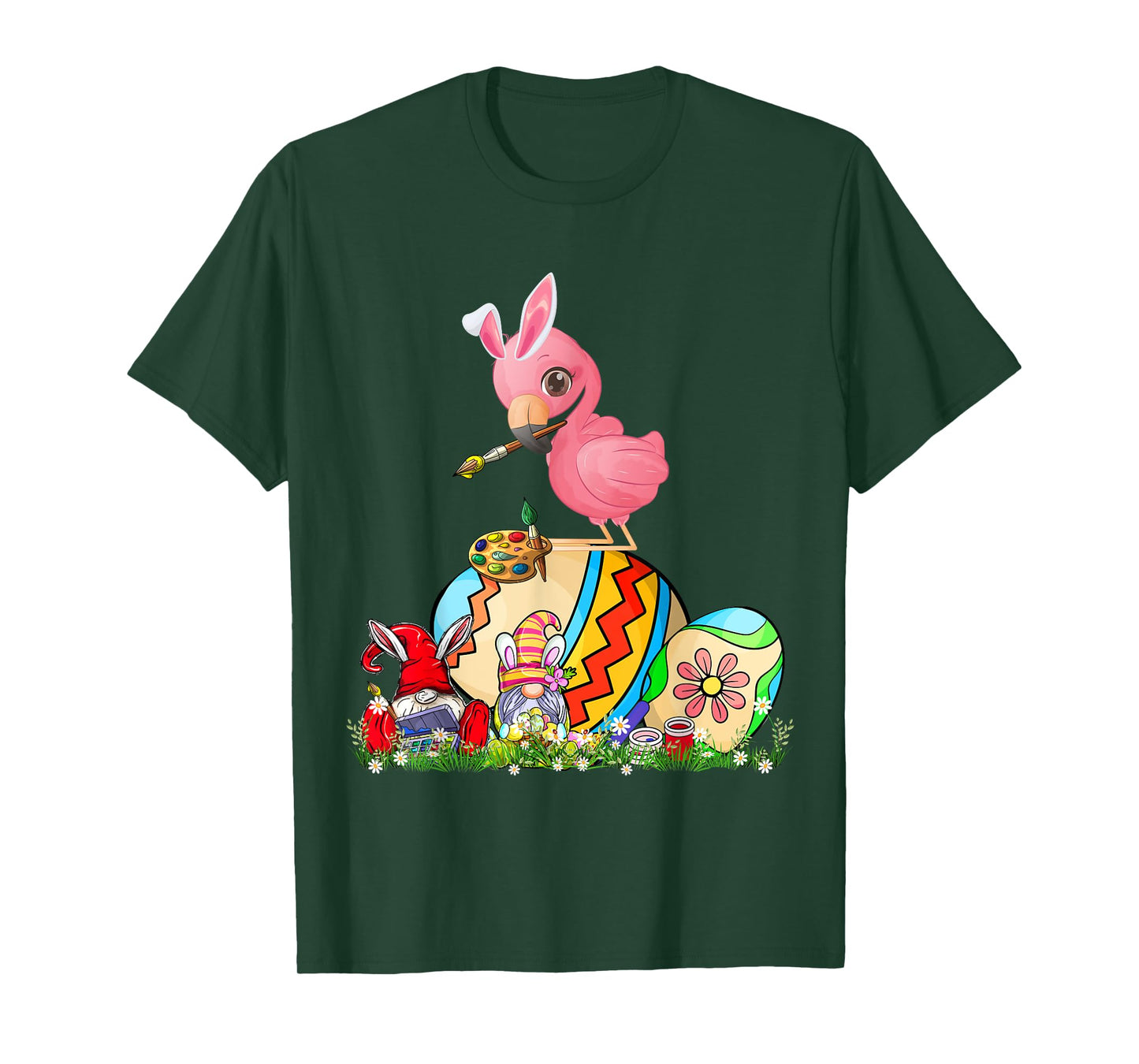 Easter Bunny Flamingo With Gnomes Painting Chocolate Eggs T-Shirt