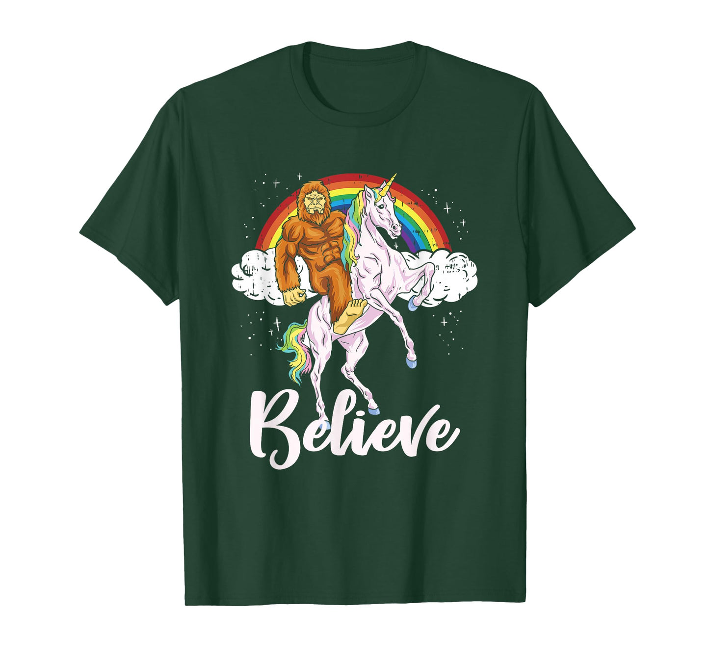 Bigfoot Riding Unicorn Believe Yeti Sasquatch Rainbow T-Shirt