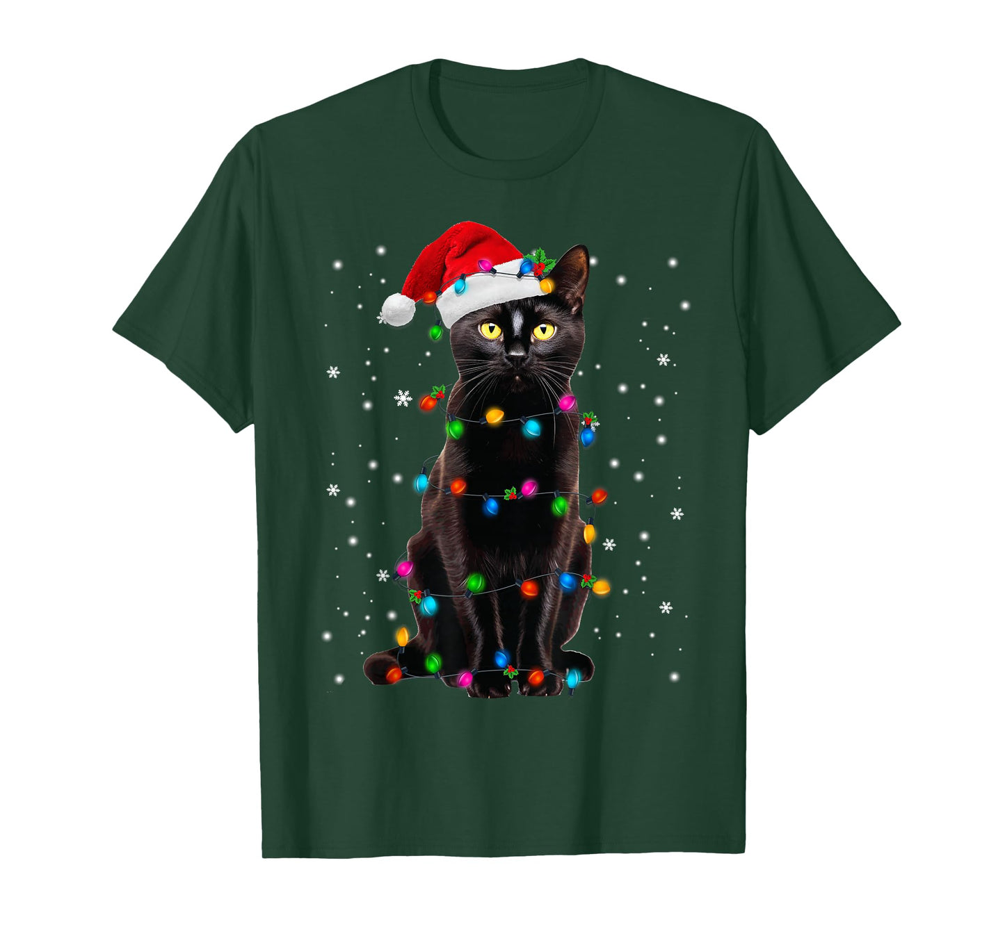 Black Cat Christmas Lights Santa Funny Cat Dad Mom Xmas T-Shirt
