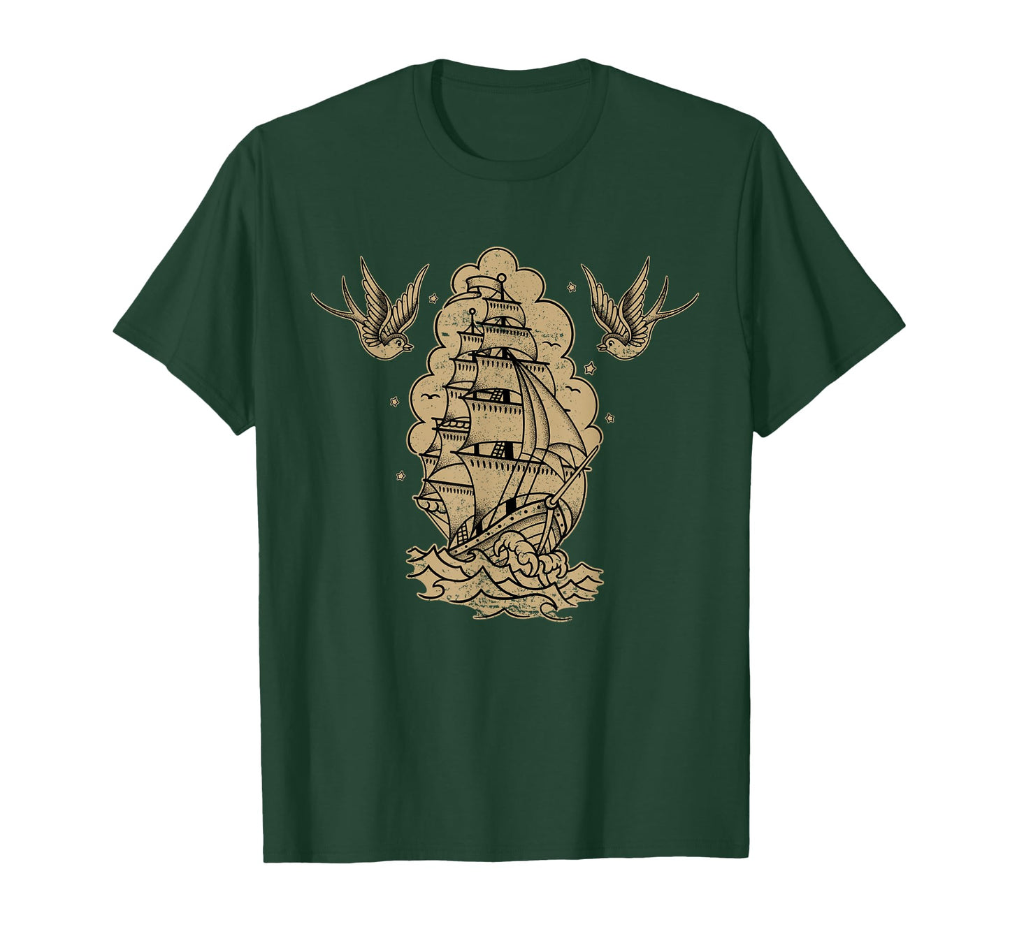 Old School Sailor Tattoo Clipper Ship and Swallows T-Shirt
