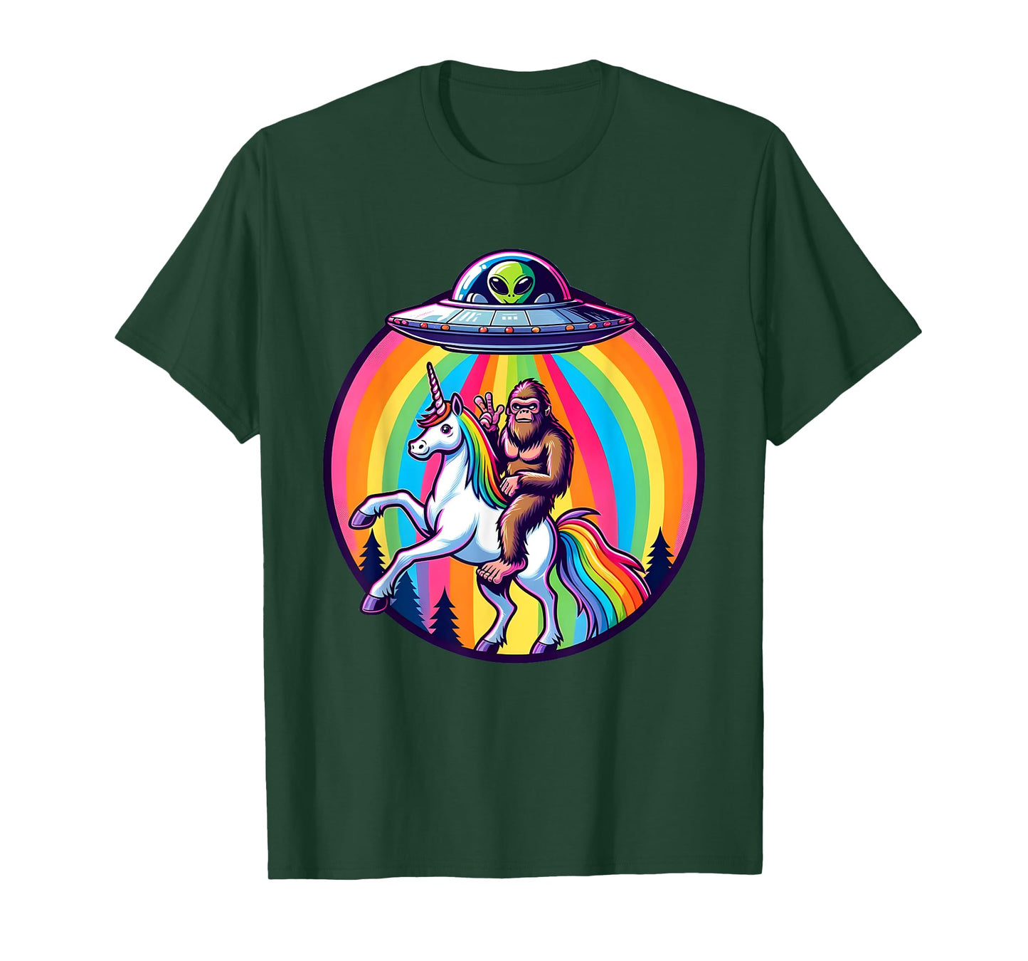 Bigfoot riding a Unicorn beamed up by a UFO, Alien, Cryptid T-Shirt