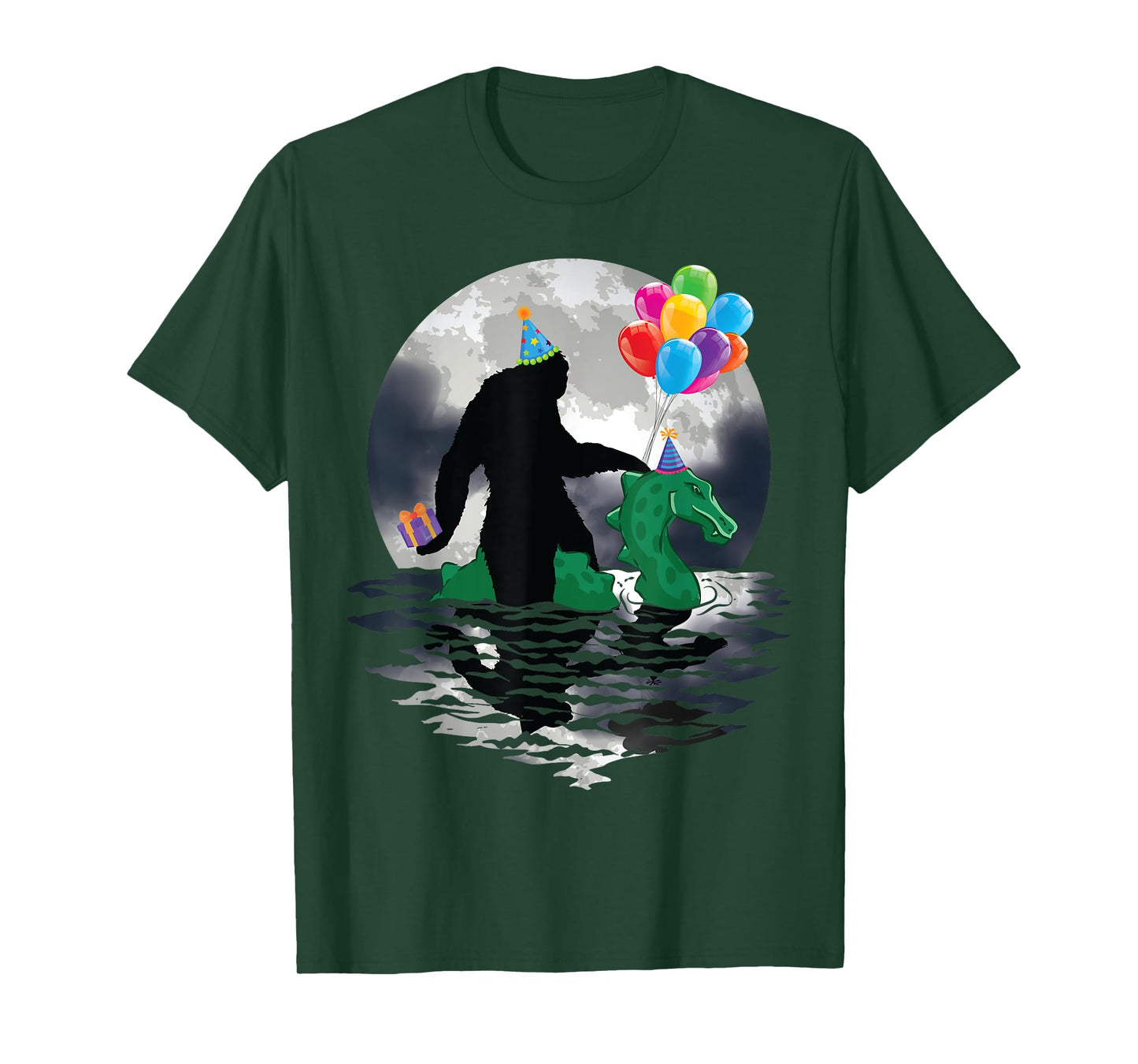 Funny Bigfoot Riding Loch Ness Monster Birthday Celebration T-Shirt